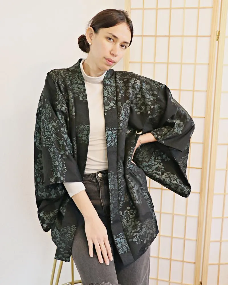 Midnight Blue Blossoms on Black Haori Kimono Jacket