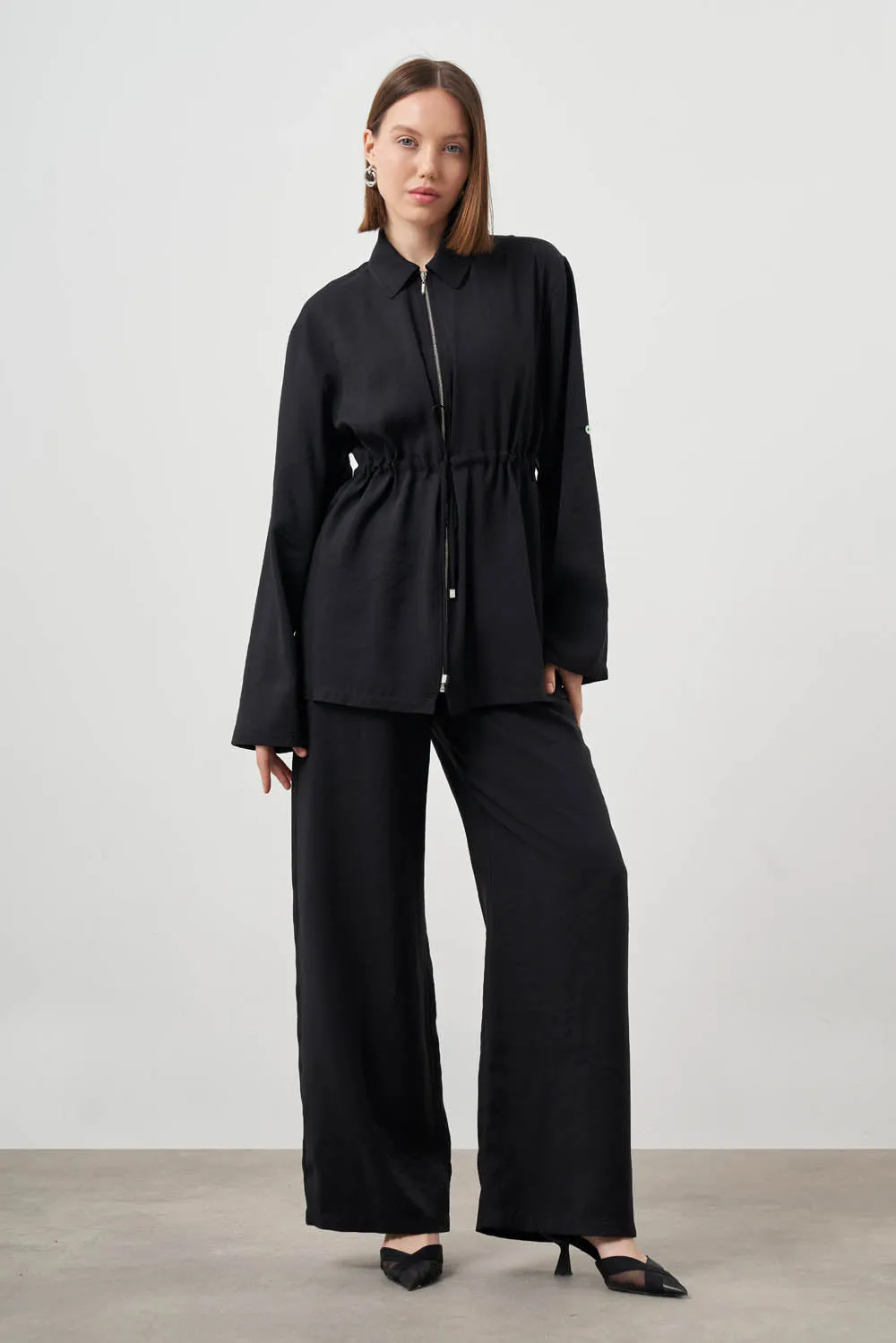 Mizalle-Cinched Waist Shirt Jacket-Black