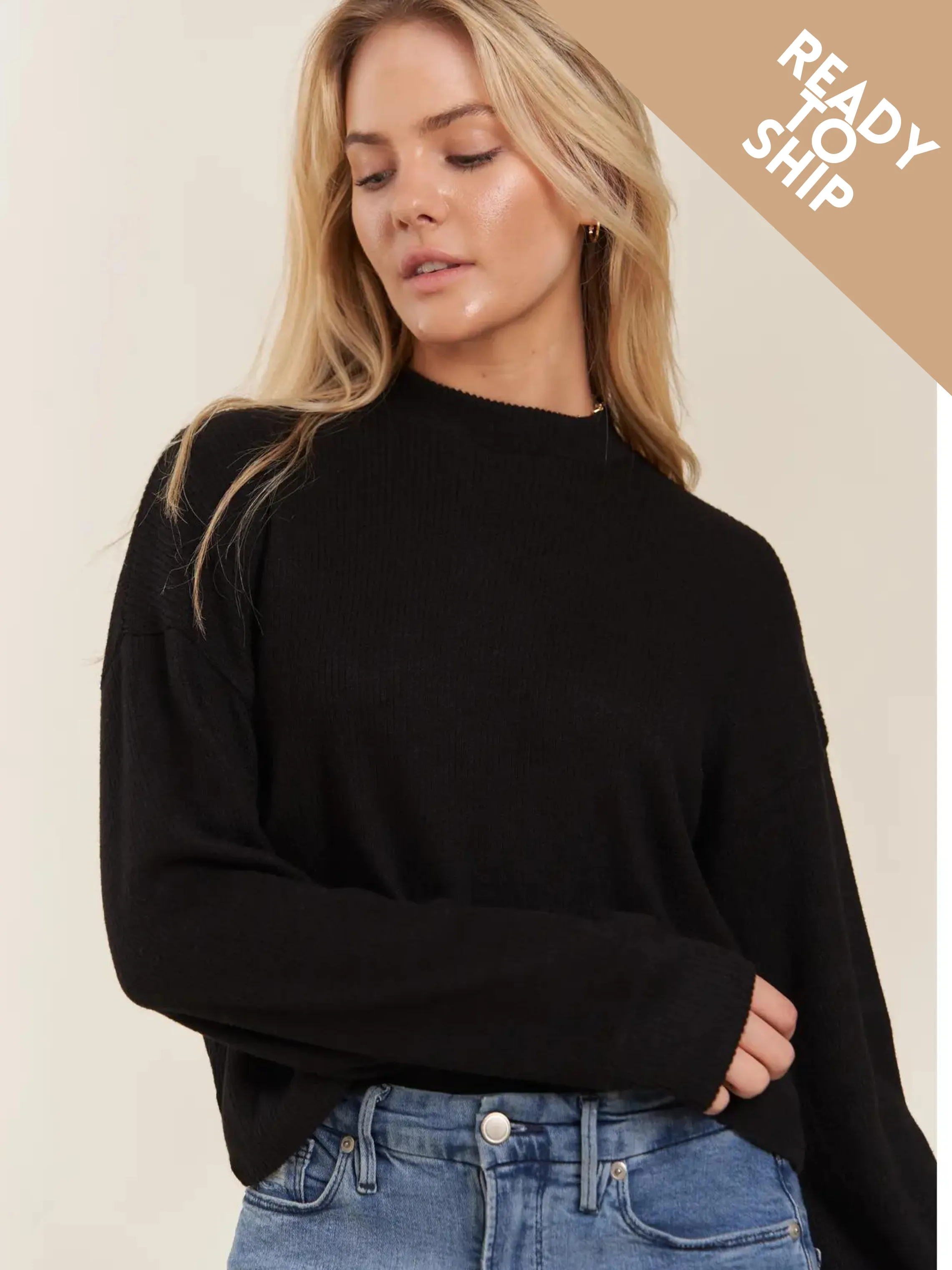 Mock Neck Hi-Low Crop Top Sweater - Black (READY TO SHIP)