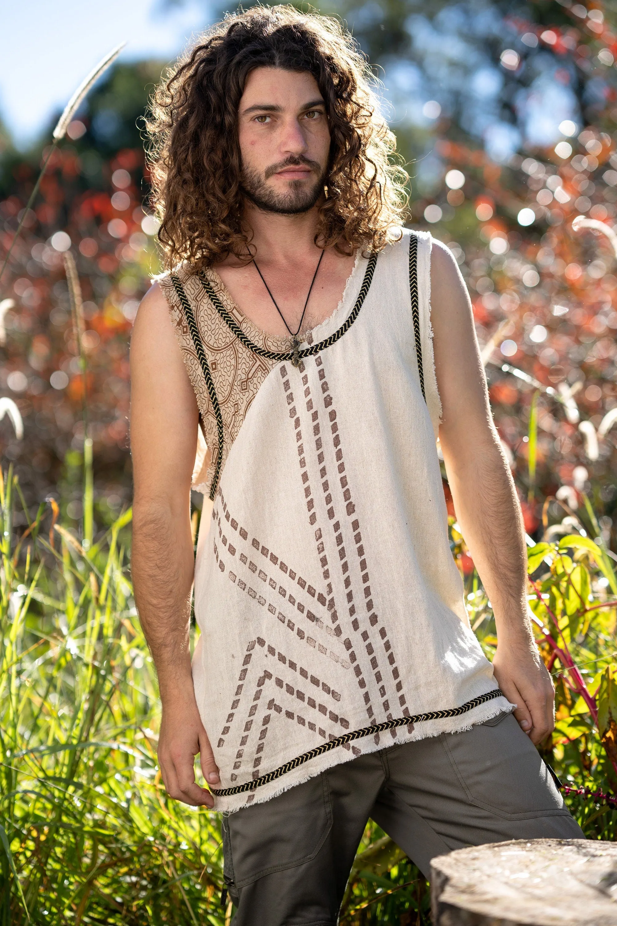 MUKTI Beige Mens Sleeveless Tank Top Shipibo and Block Print combo on cotton gypsy festival shirt ethnic eclectic Tribal breathable AJJAYA