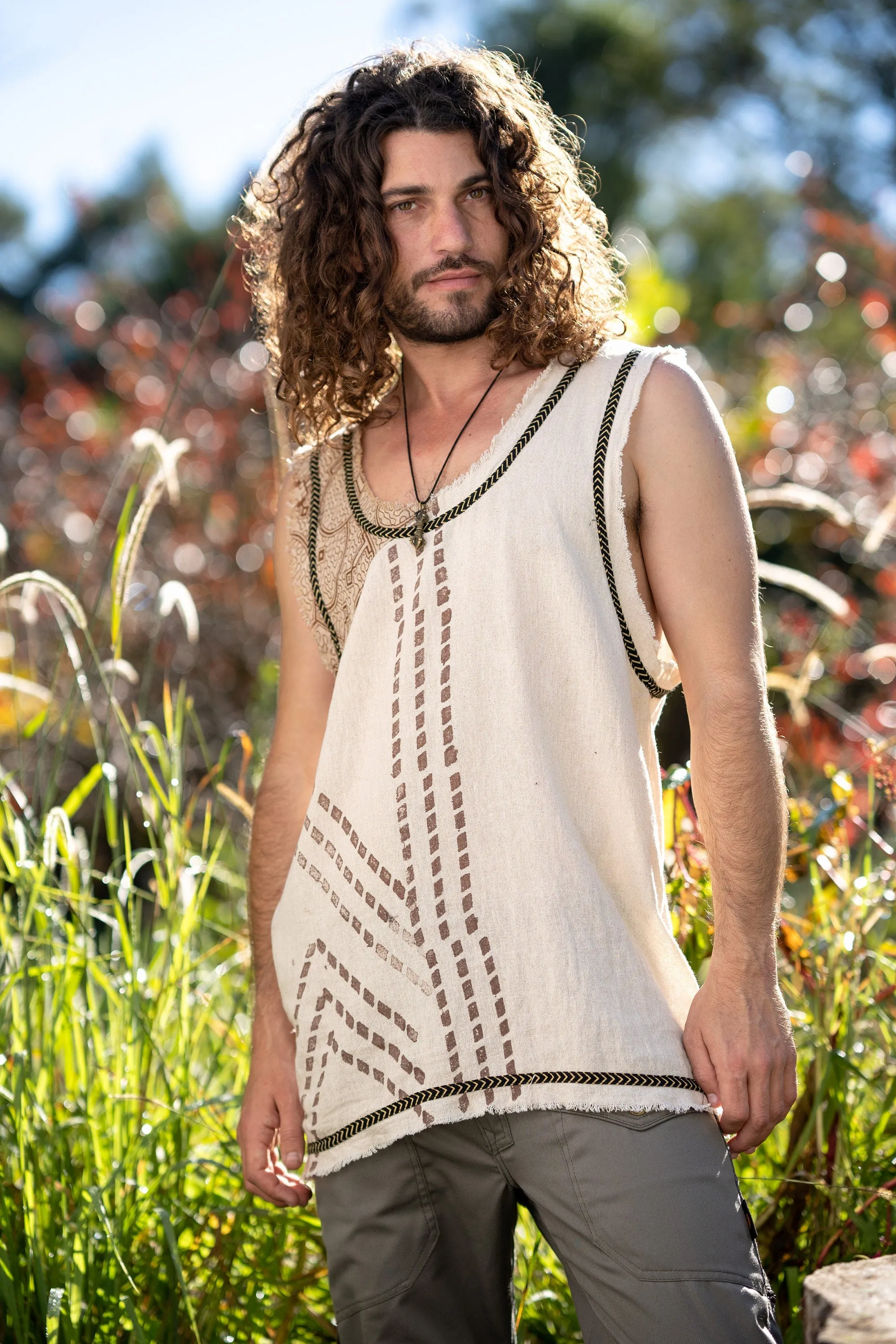 MUKTI Beige Mens Sleeveless Tank Top Shipibo and Block Print combo on cotton gypsy festival shirt ethnic eclectic Tribal breathable AJJAYA