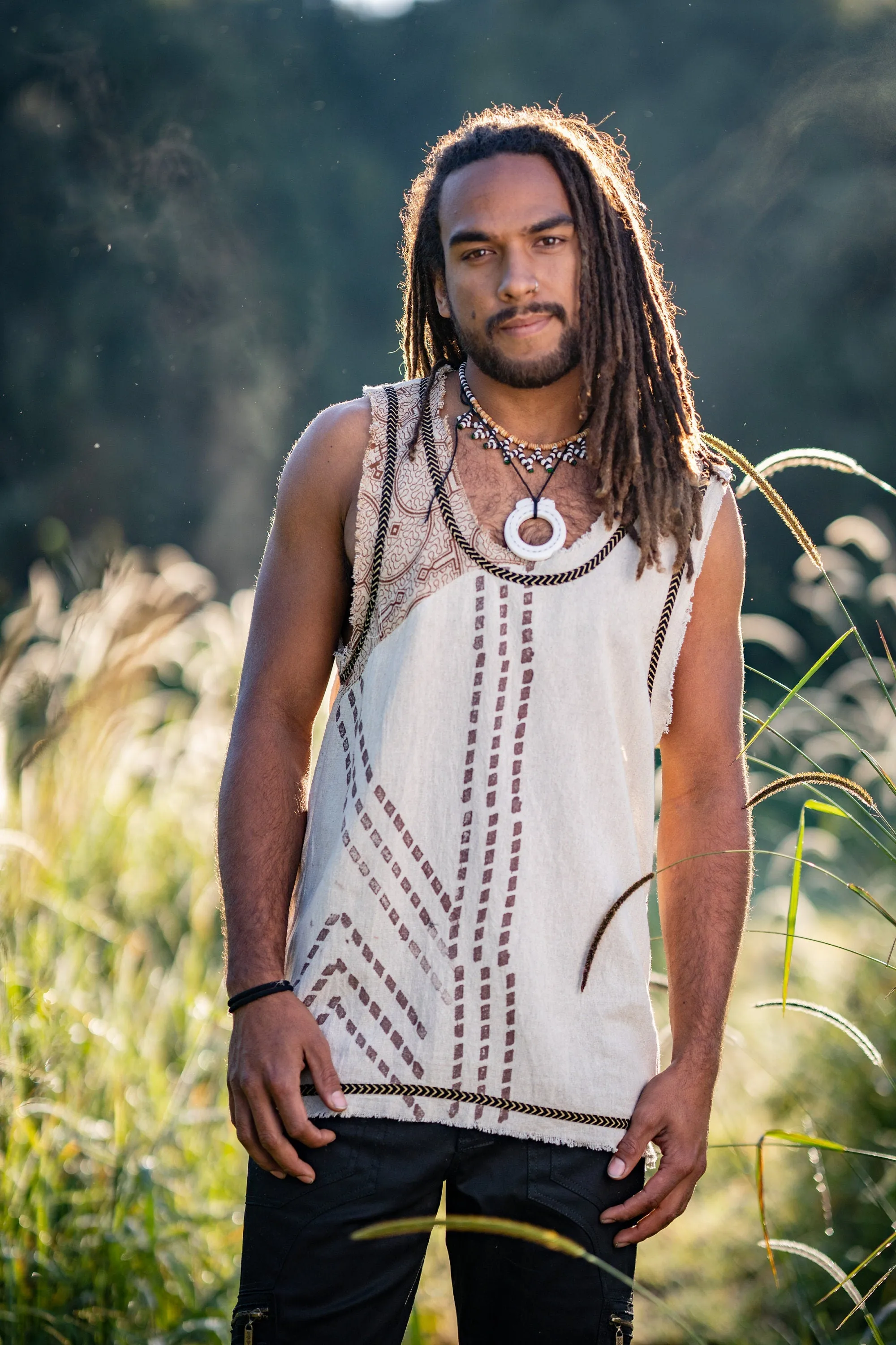 MUKTI Beige Mens Sleeveless Tank Top Shipibo and Block Print combo on cotton gypsy festival shirt ethnic eclectic Tribal breathable AJJAYA