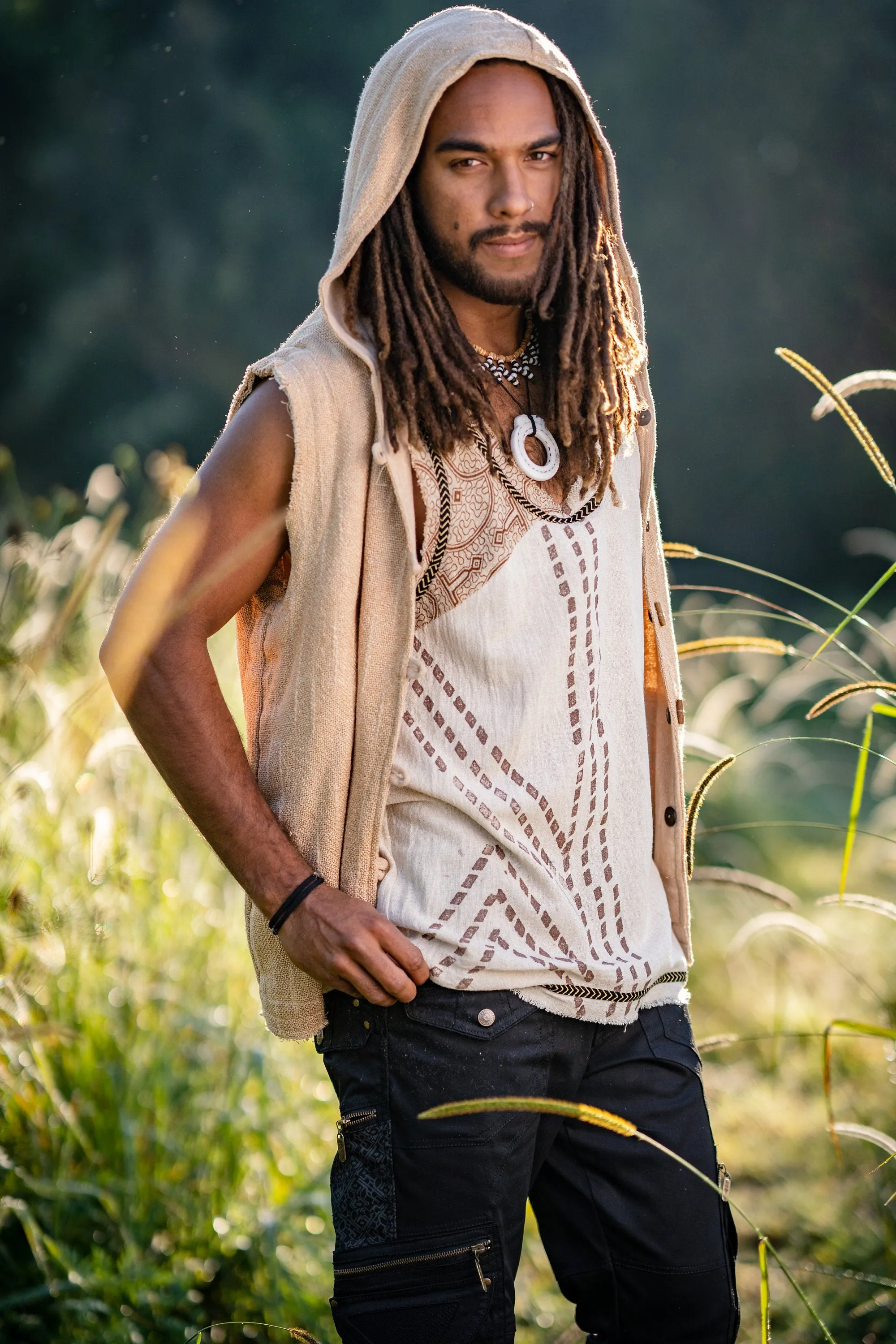 MUKTI Beige Mens Sleeveless Tank Top Shipibo and Block Print combo on cotton gypsy festival shirt ethnic eclectic Tribal breathable AJJAYA