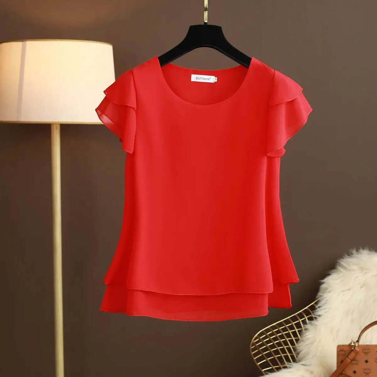 New Summer Women Blouse Loose O-Neck Chiffon Shirt Female Short Sleeve Blouse Oversized Shirts womens tops and blouses Top