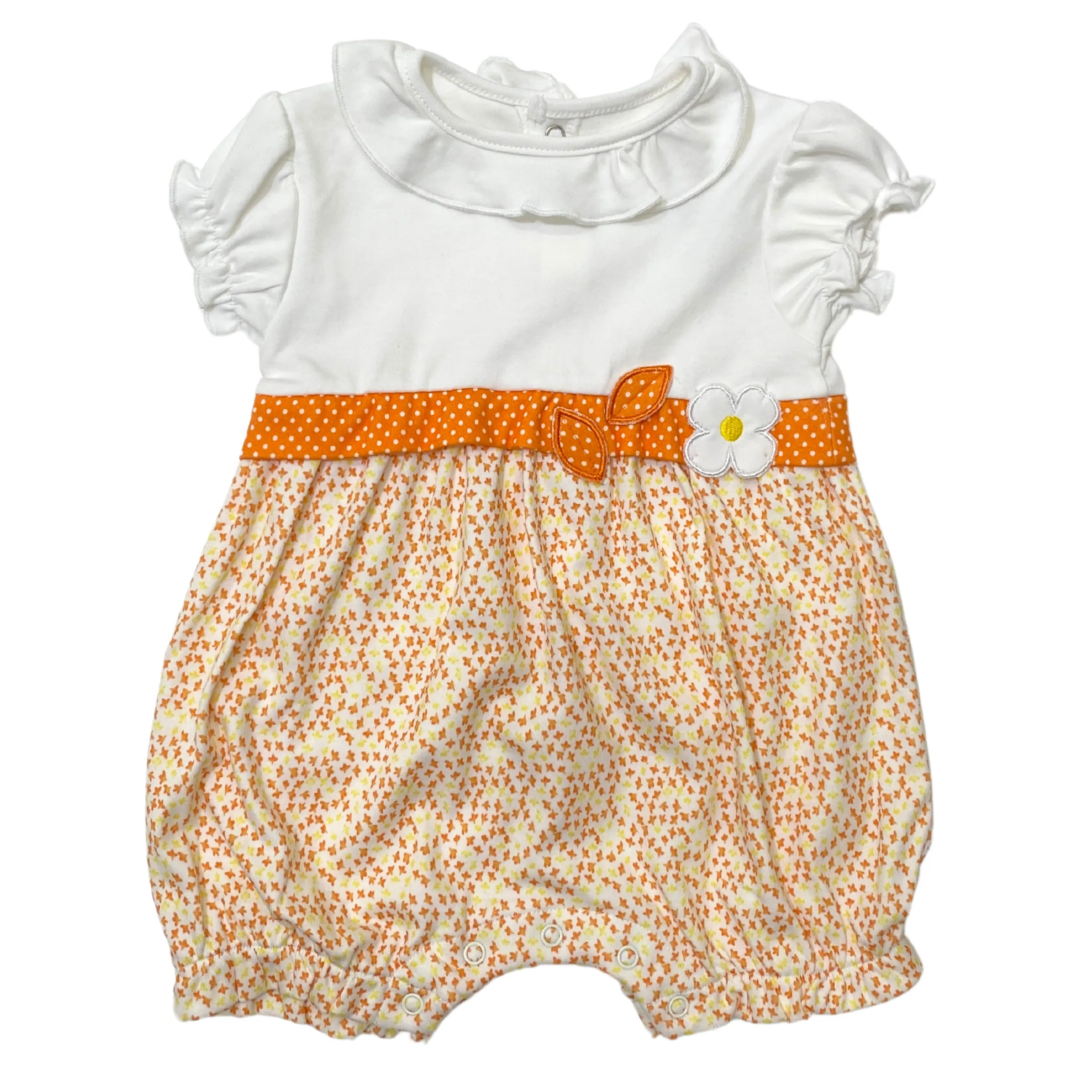 Orange Short Romper with Flower Embroidery