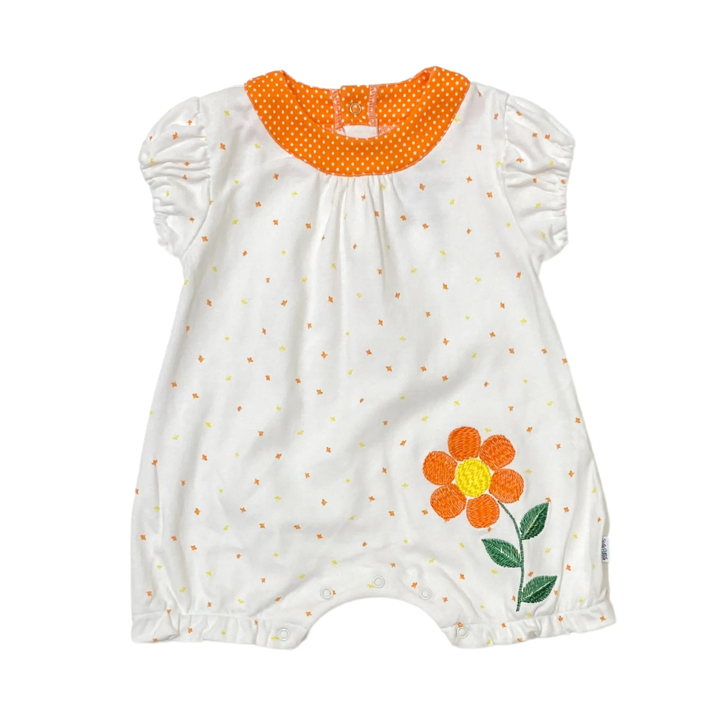 Orange Short Romper with Flower Embroidery