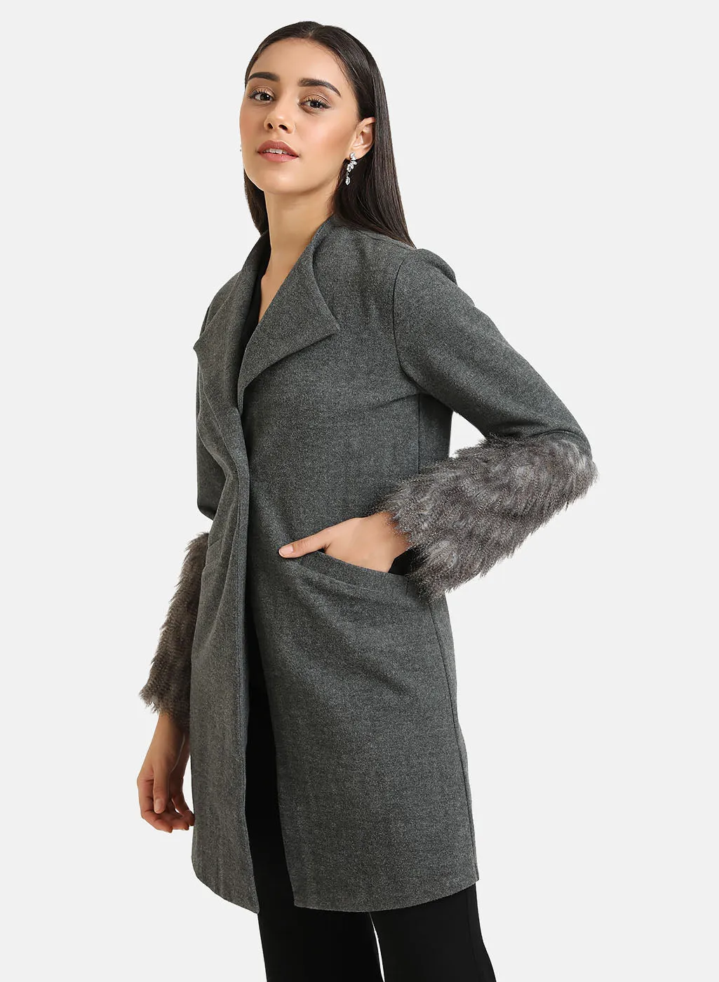 Overcoat With Fur Detailed Sleeve