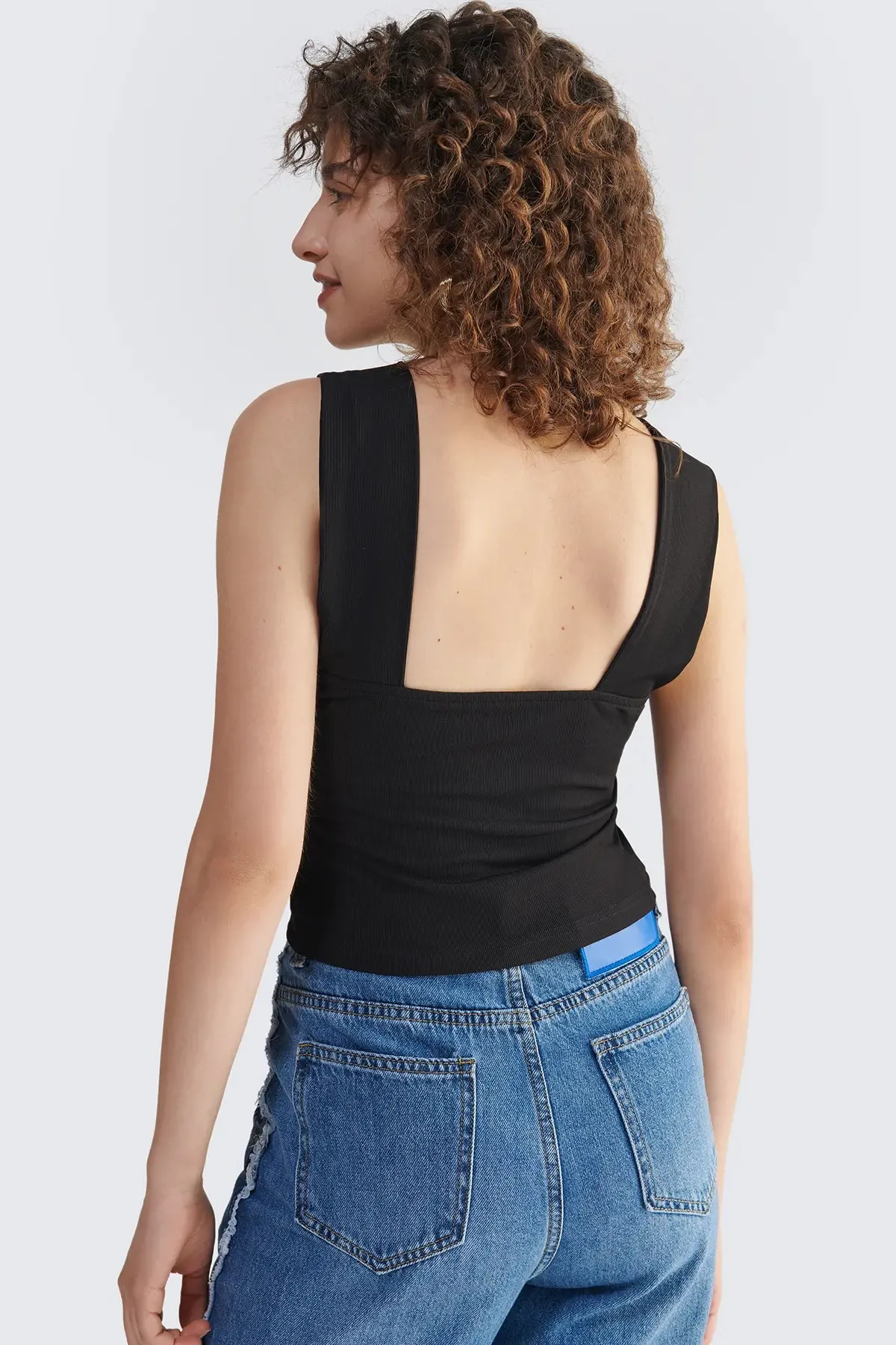 Plain Ruched Backless Stretch Rib Crop Top