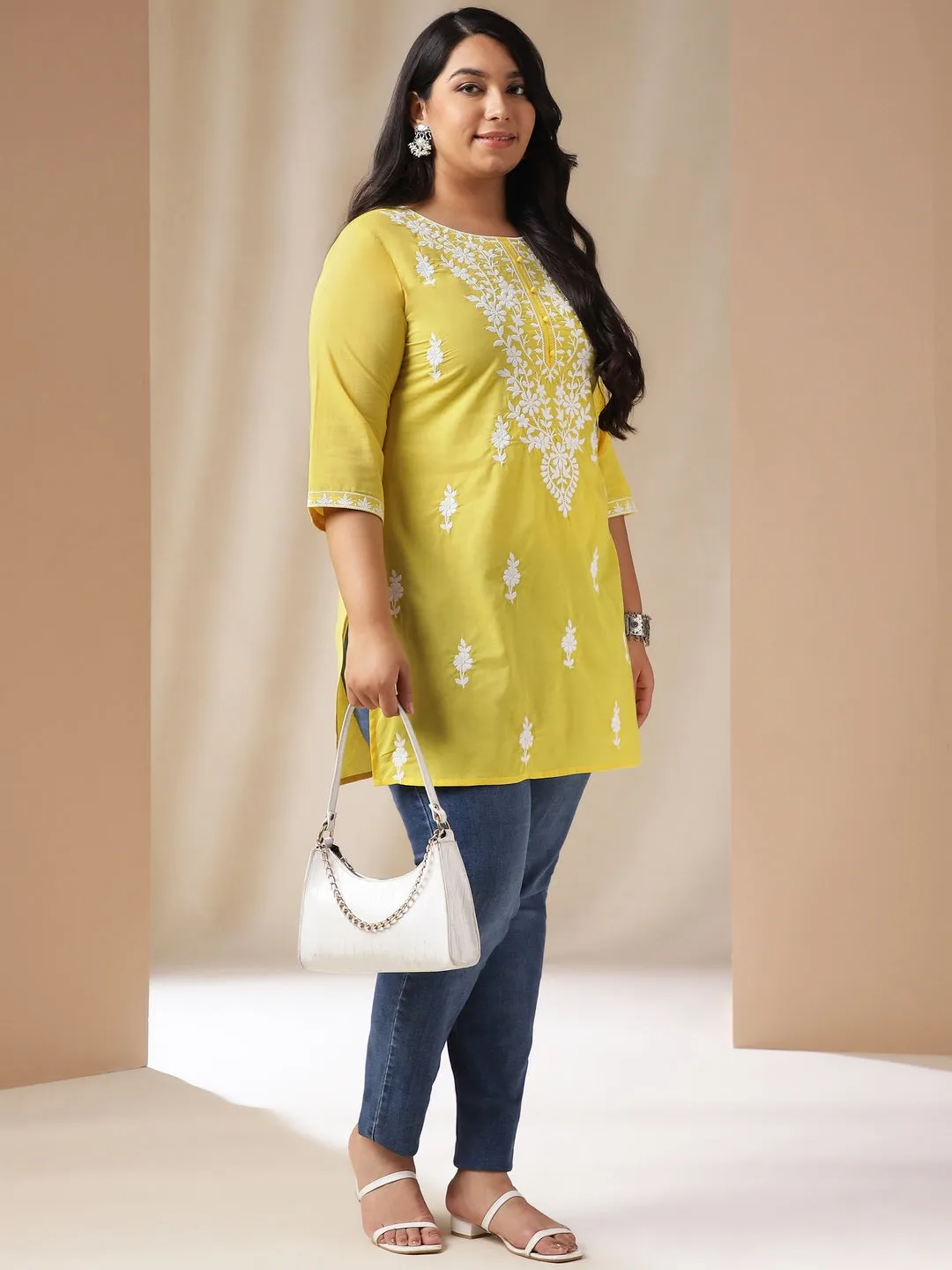 Plus Size Yellow Cotton Chikankari Regular Tunic