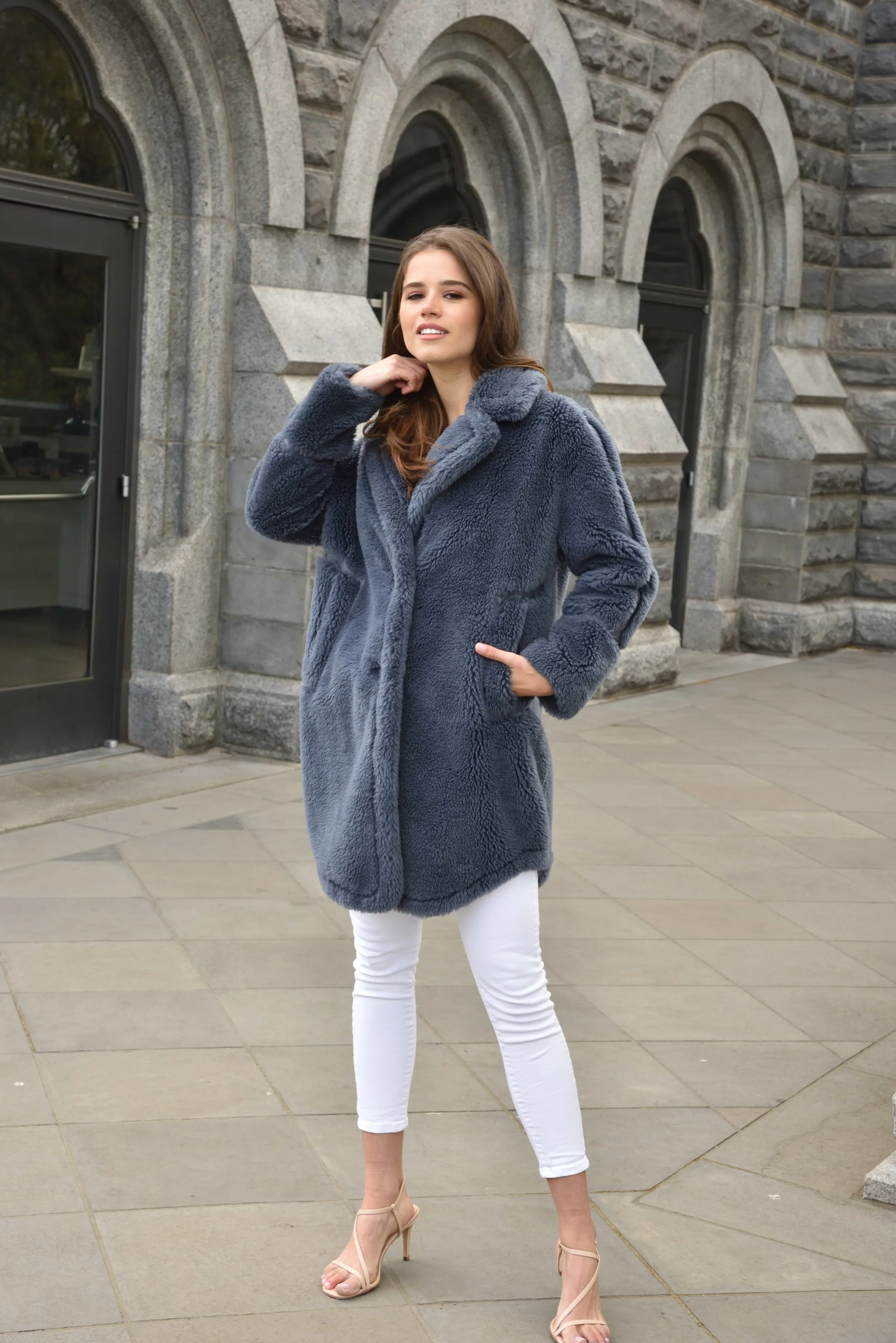 Plush Shearling and Suede Coat - Grey