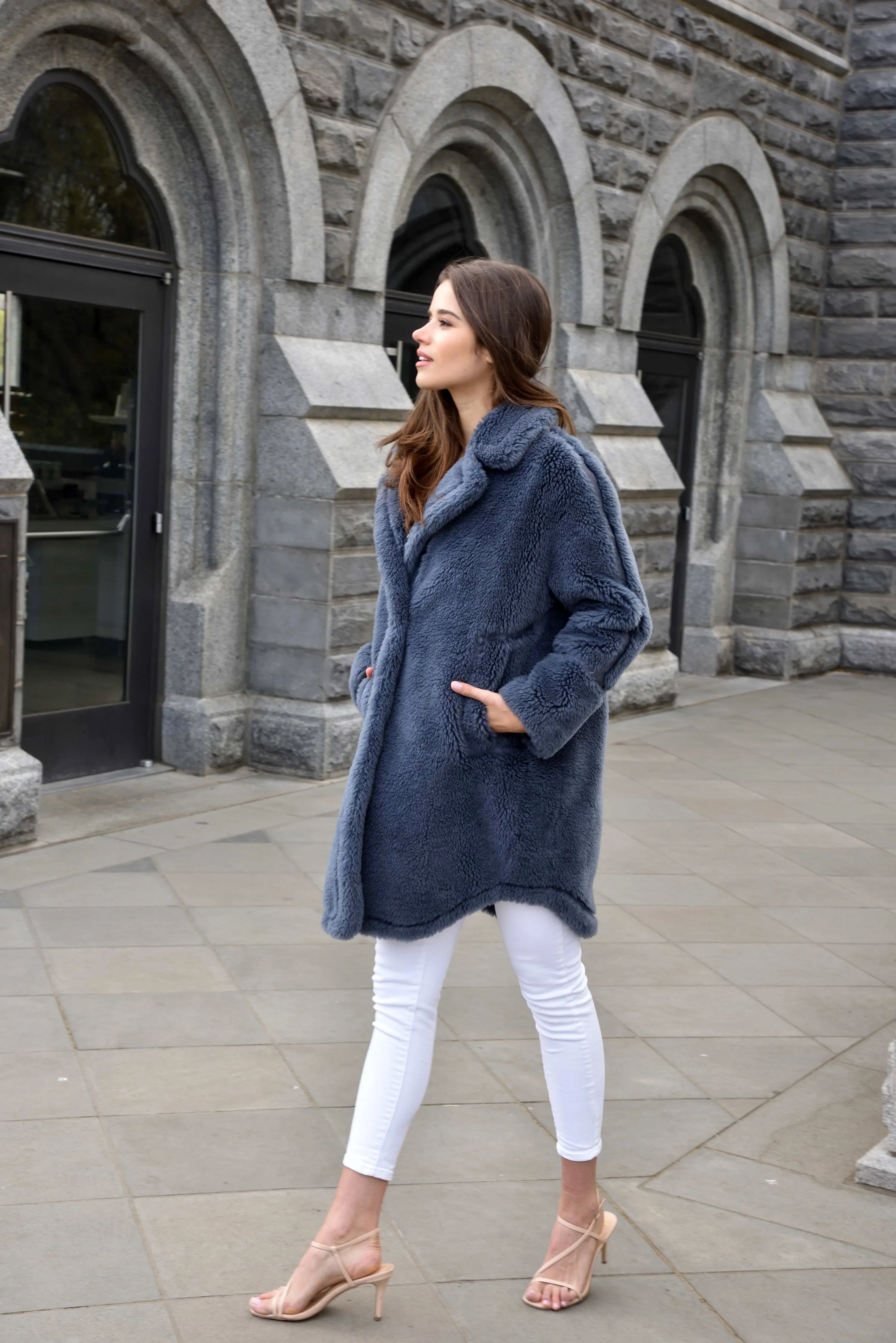 Plush Shearling and Suede Coat - Grey