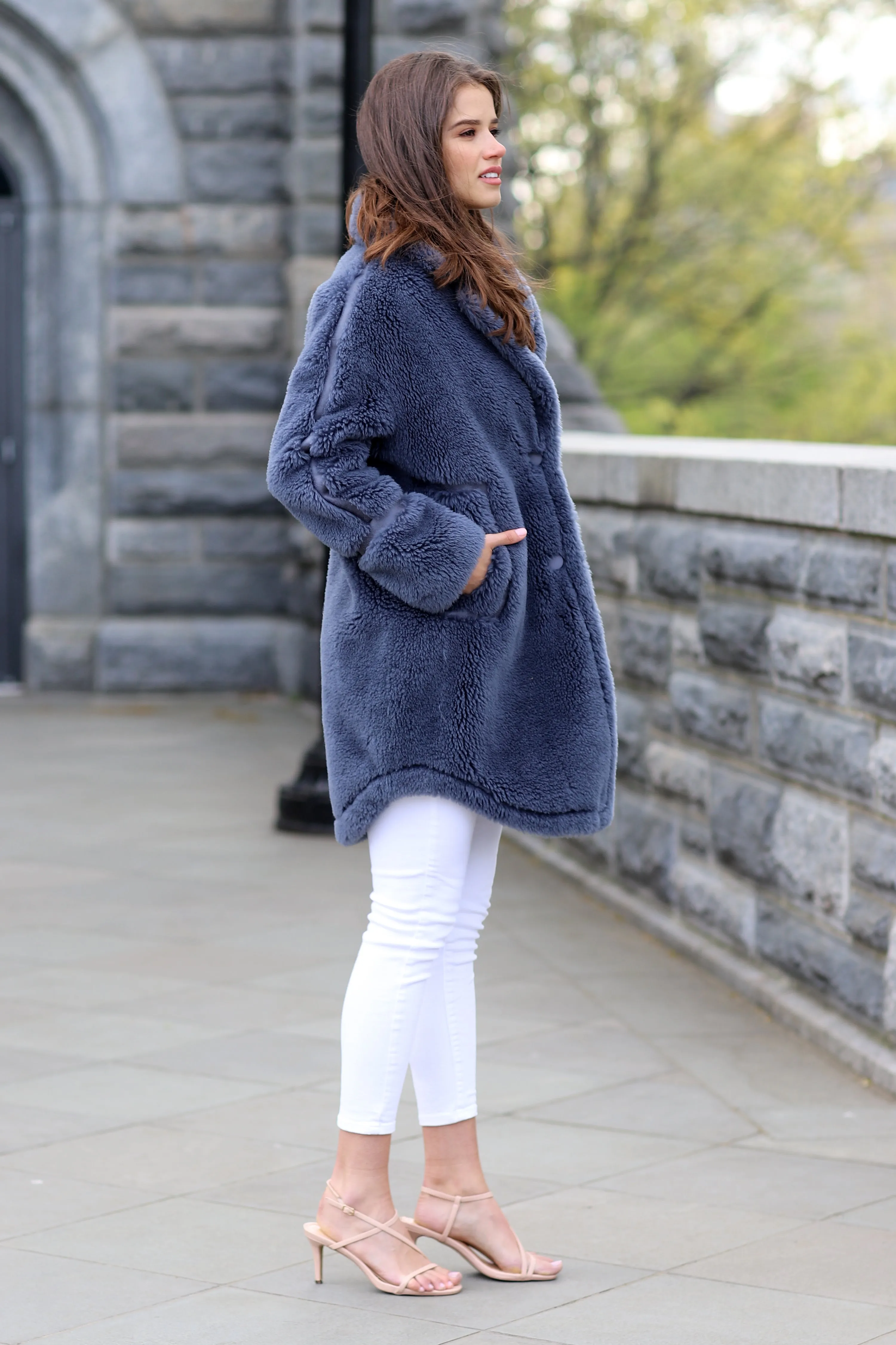 Plush Shearling and Suede Coat - Grey