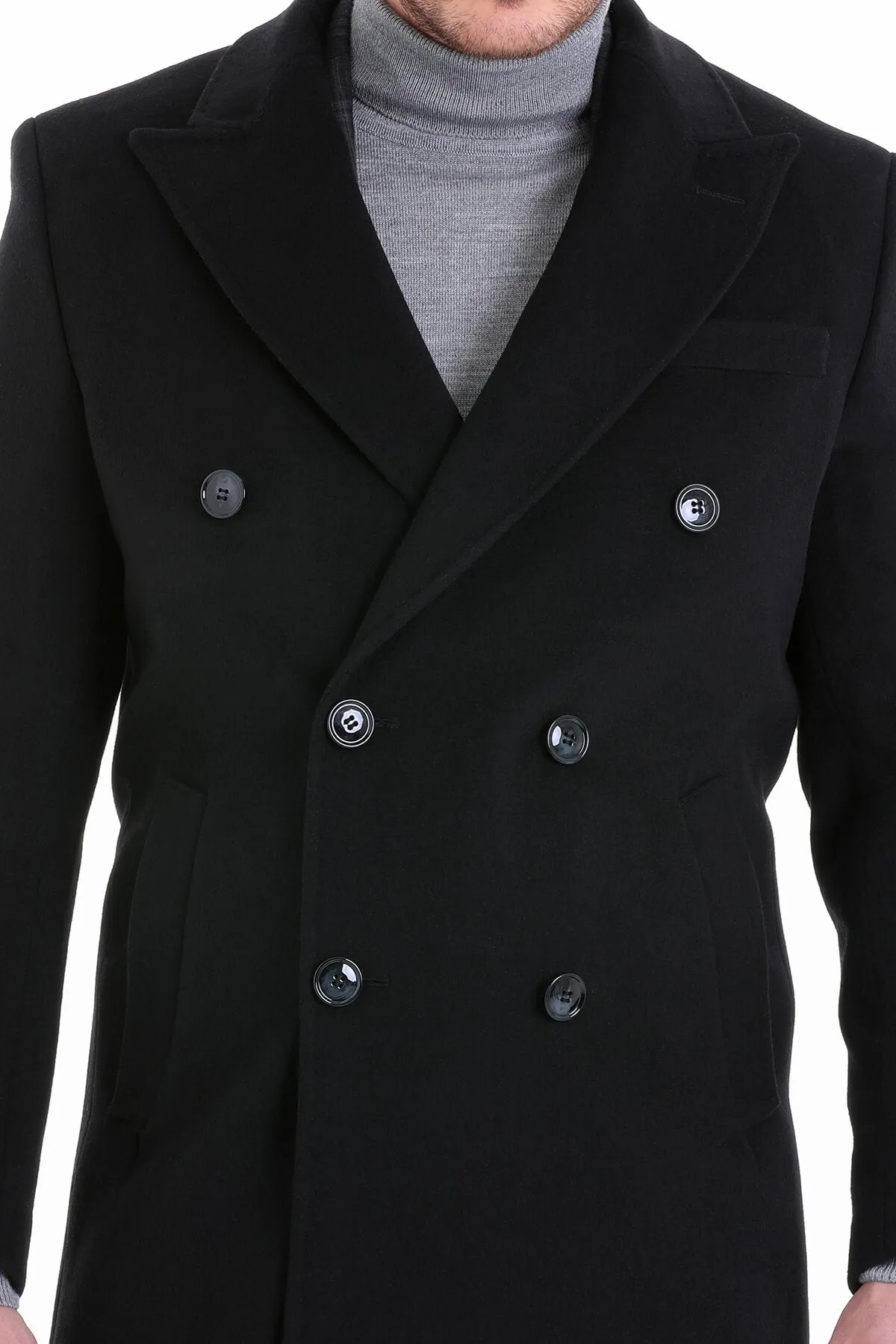 Regular Fit Cachet Double Breasted Wool Blend Black Overcoat