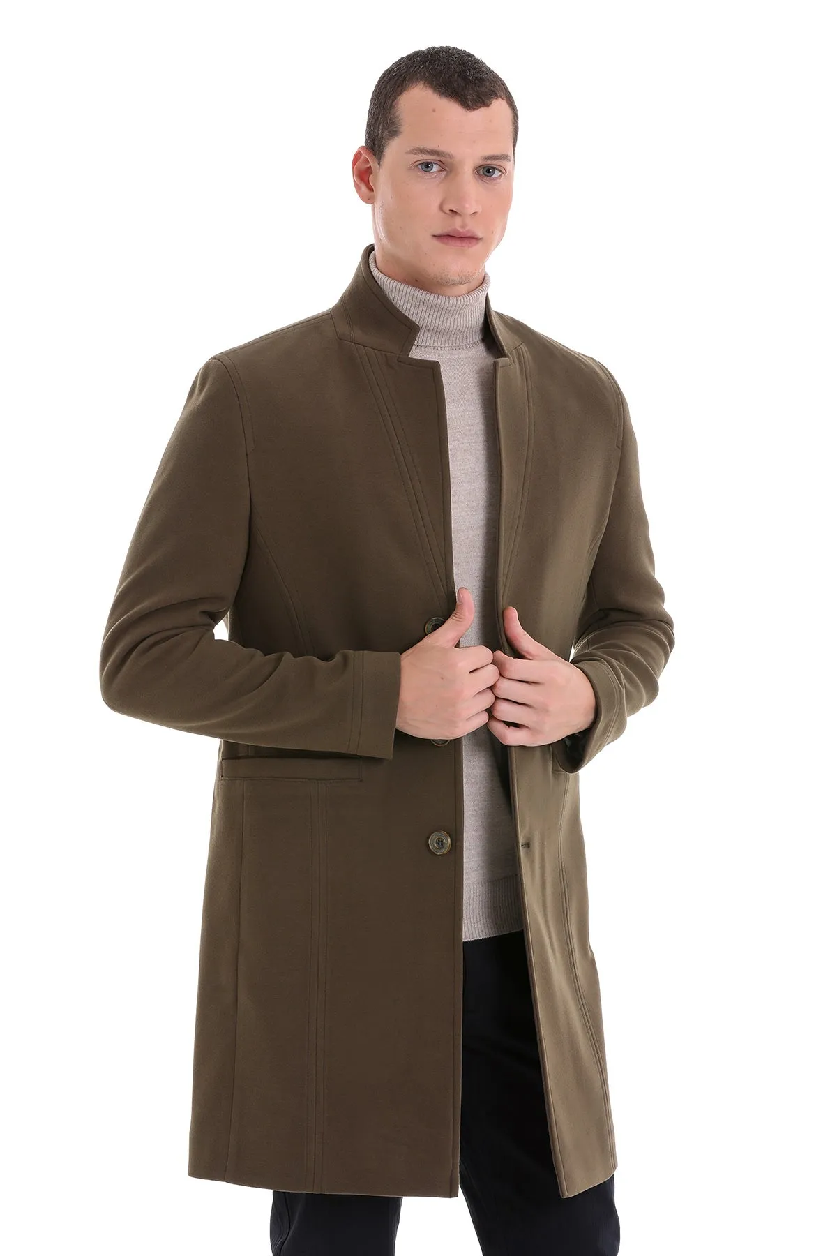 Regular Fit Cachet Notch Lapel Khaki Overcoat