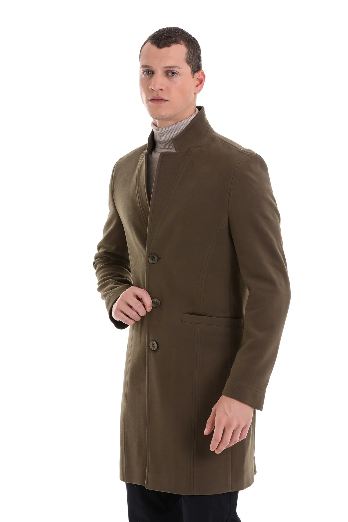 Regular Fit Cachet Notch Lapel Khaki Overcoat