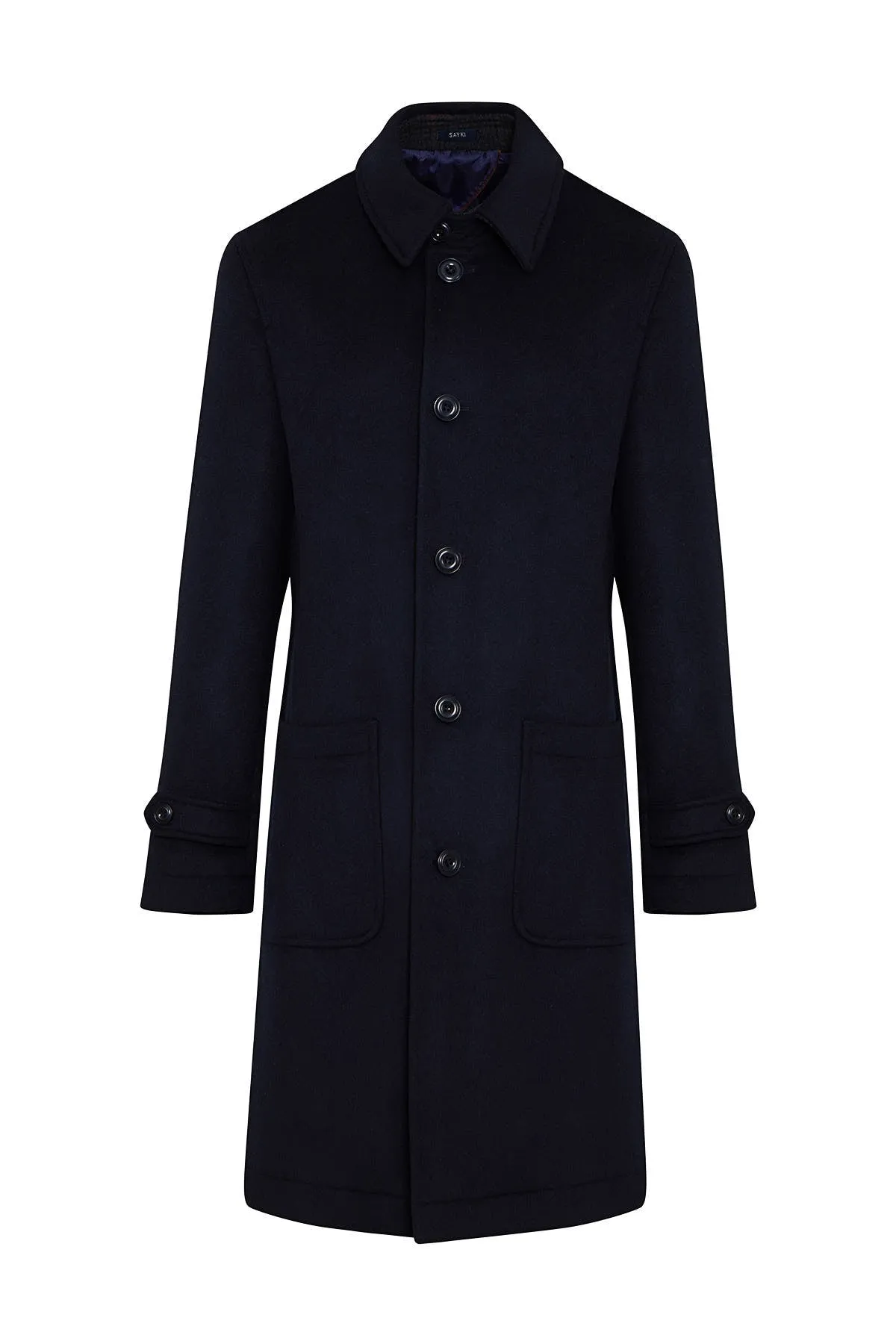 Regular Fit Flat Collar Wool Blend Navy Overcoat