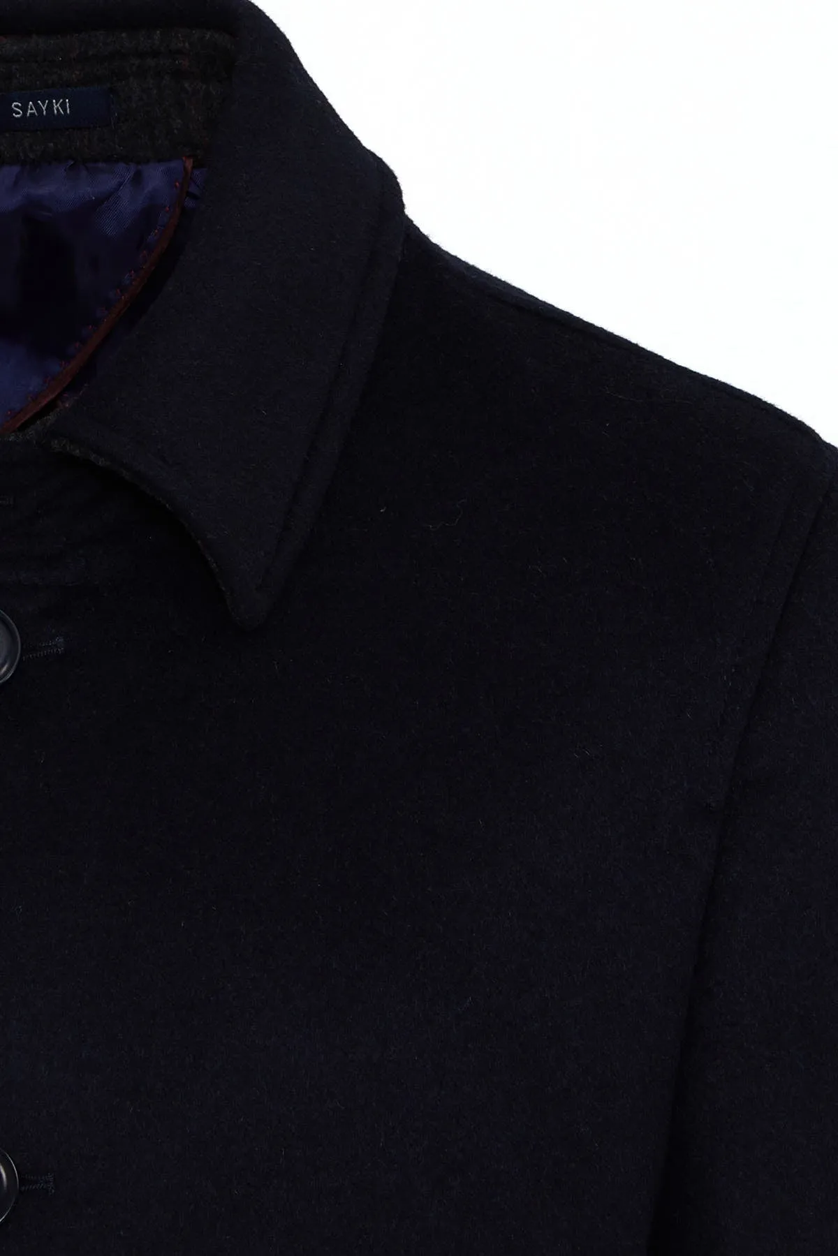 Regular Fit Flat Collar Wool Blend Navy Overcoat