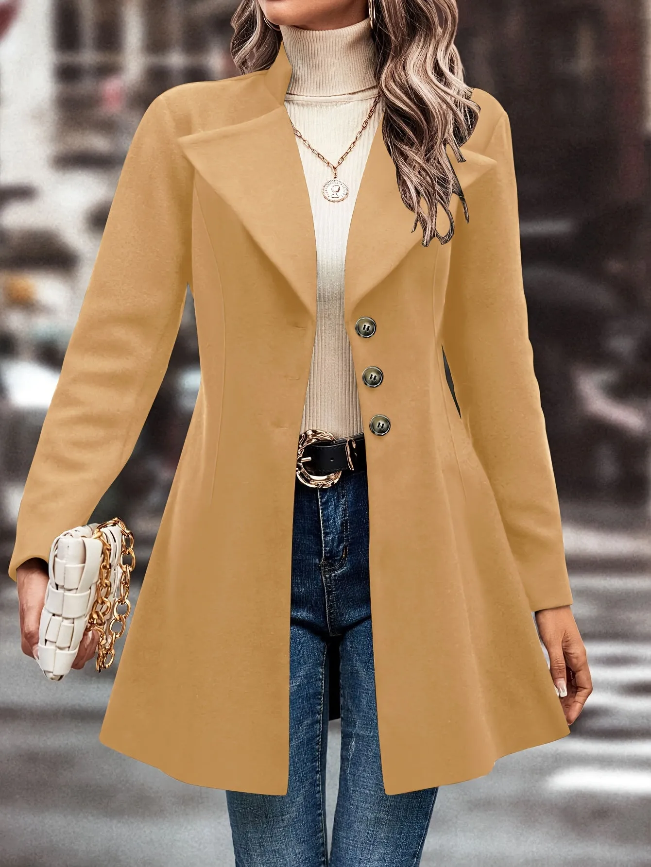 Single Solid Button Long Sleeve Versatile Winter Outwear Overcoat, Women's Clothing