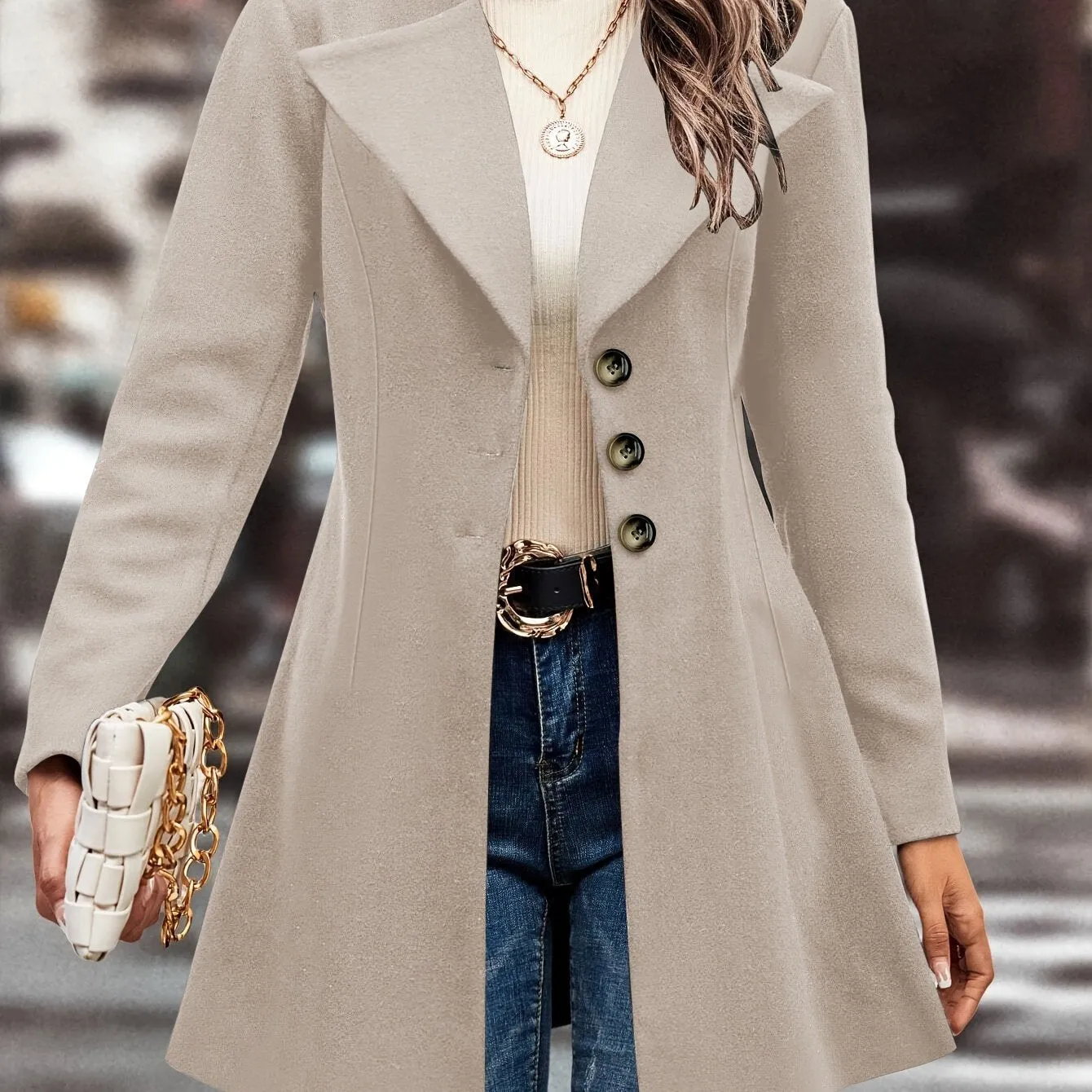 Single Solid Button Long Sleeve Versatile Winter Outwear Overcoat, Women's Clothing