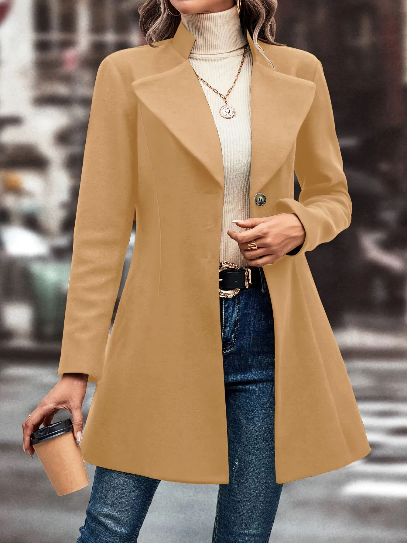 Single Solid Button Long Sleeve Versatile Winter Outwear Overcoat, Women's Clothing