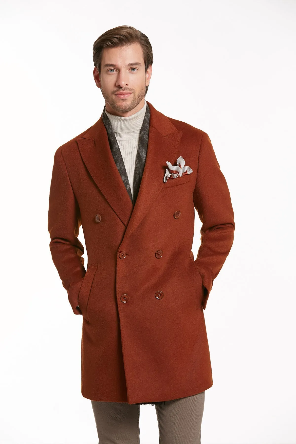 Slim Fit Cachet Double Breasted Brick Wool Blend Overcoat