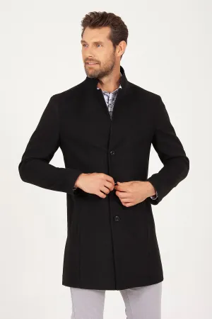 Slim Fit Cachet Notch Lapel Black Overcoat, Black