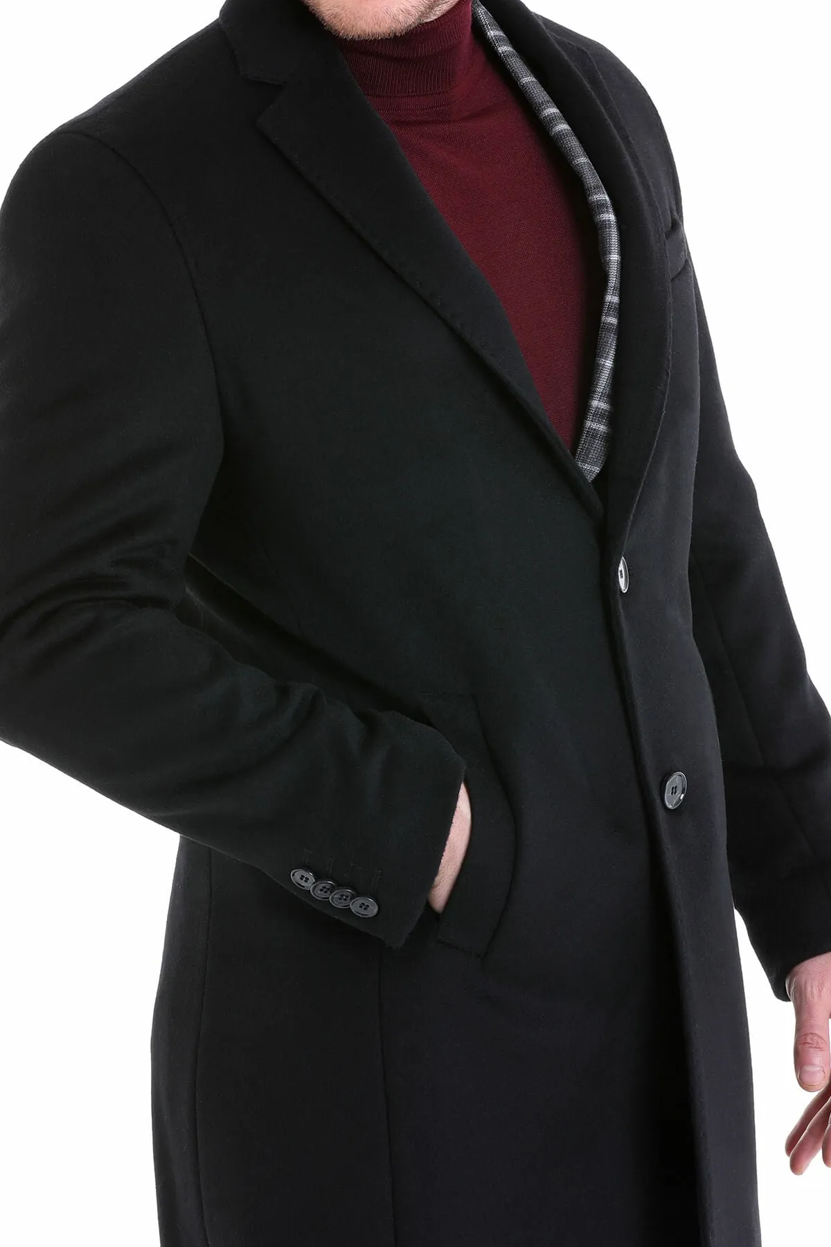 Slim Fit Cachet TBC Notch Lapel Wool Black Overcoat, Black