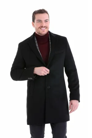 Slim Fit Cachet TBC Notch Lapel Wool Black Overcoat, Black