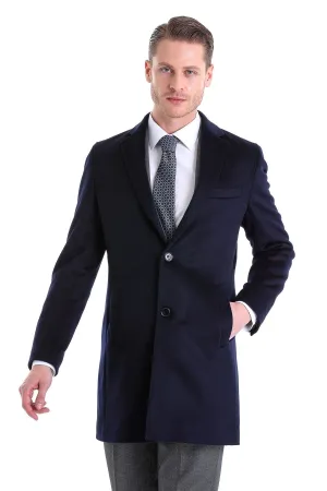 Slim Fit Cachet TBC Notch Lapel Wool Black Overcoat, Navy