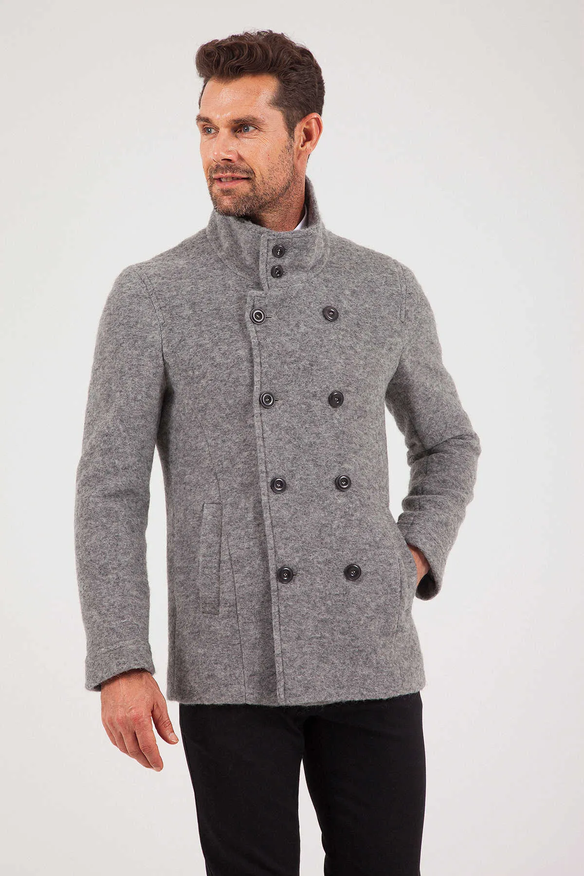 Slim Fit Notch Lapel Alpine Wool Gray Overcoat, Gray