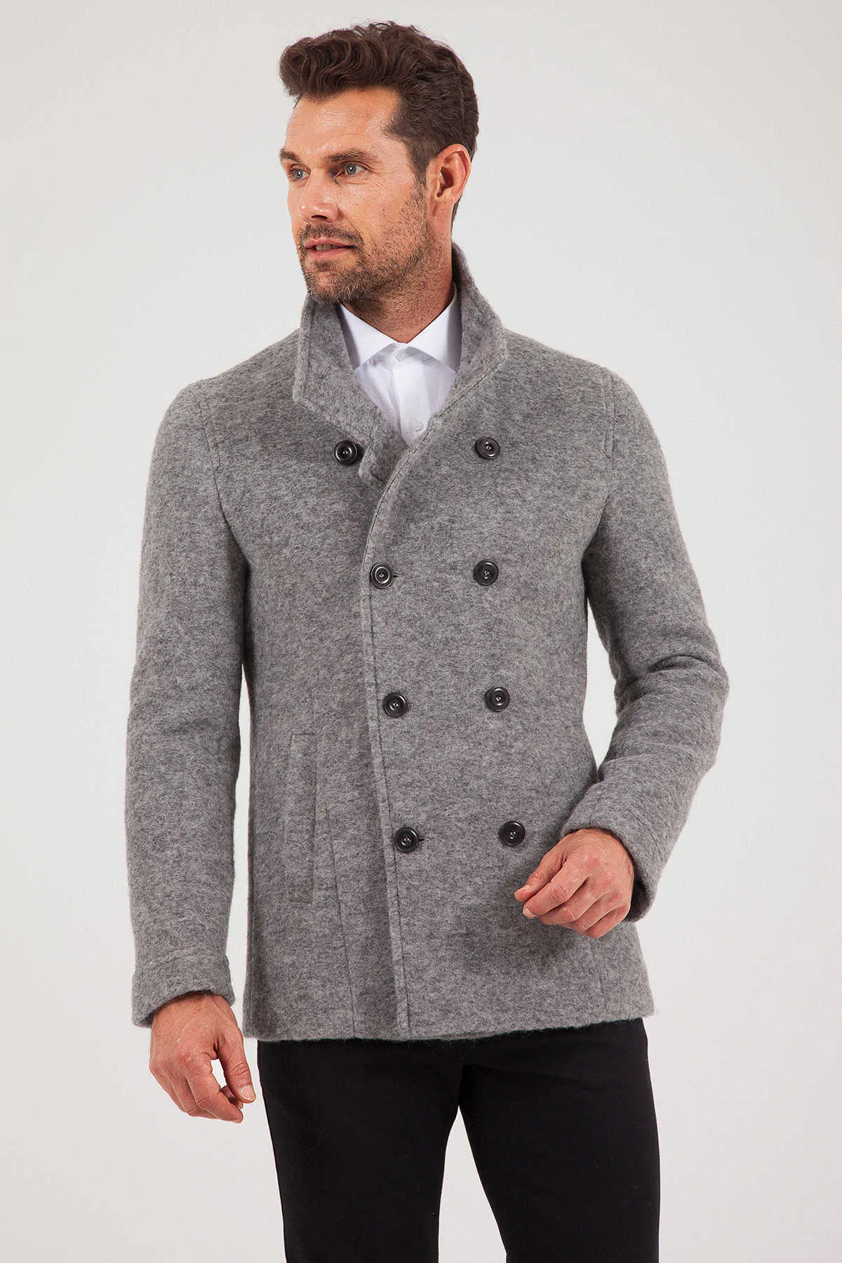 Slim Fit Notch Lapel Alpine Wool Gray Overcoat, Gray