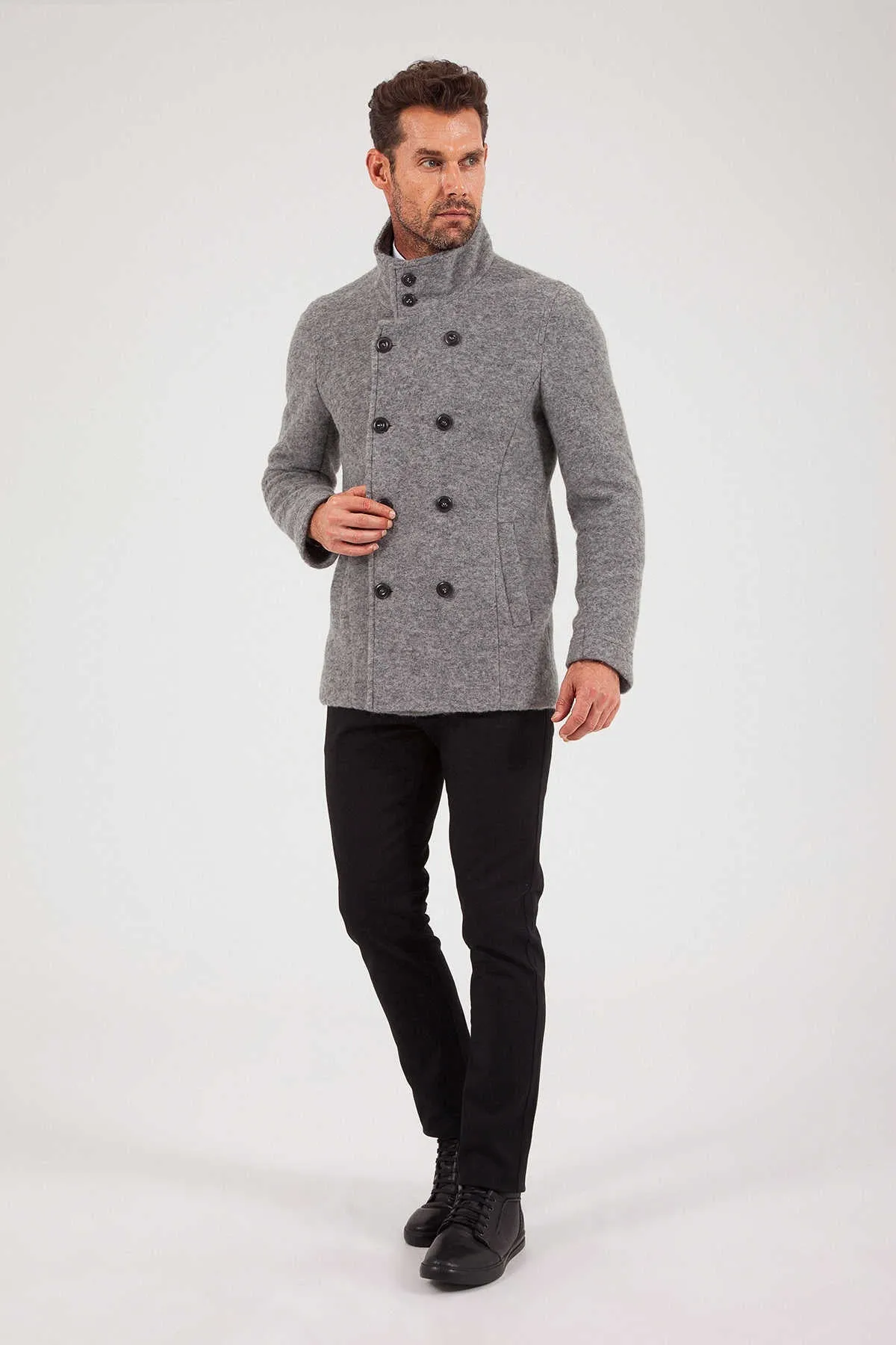 Slim Fit Notch Lapel Alpine Wool Gray Overcoat, Gray