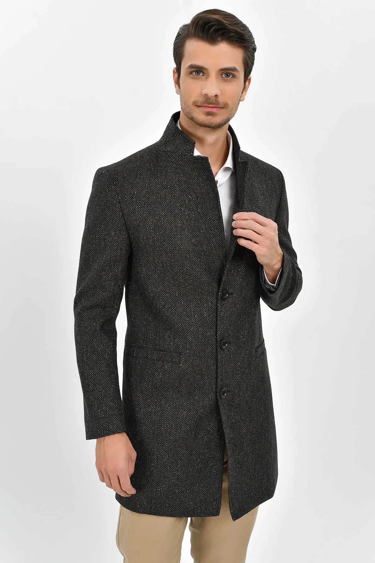 Slim Fit Notch Lapel Madrid Wool Light Gray Overcoat, Gray D.1