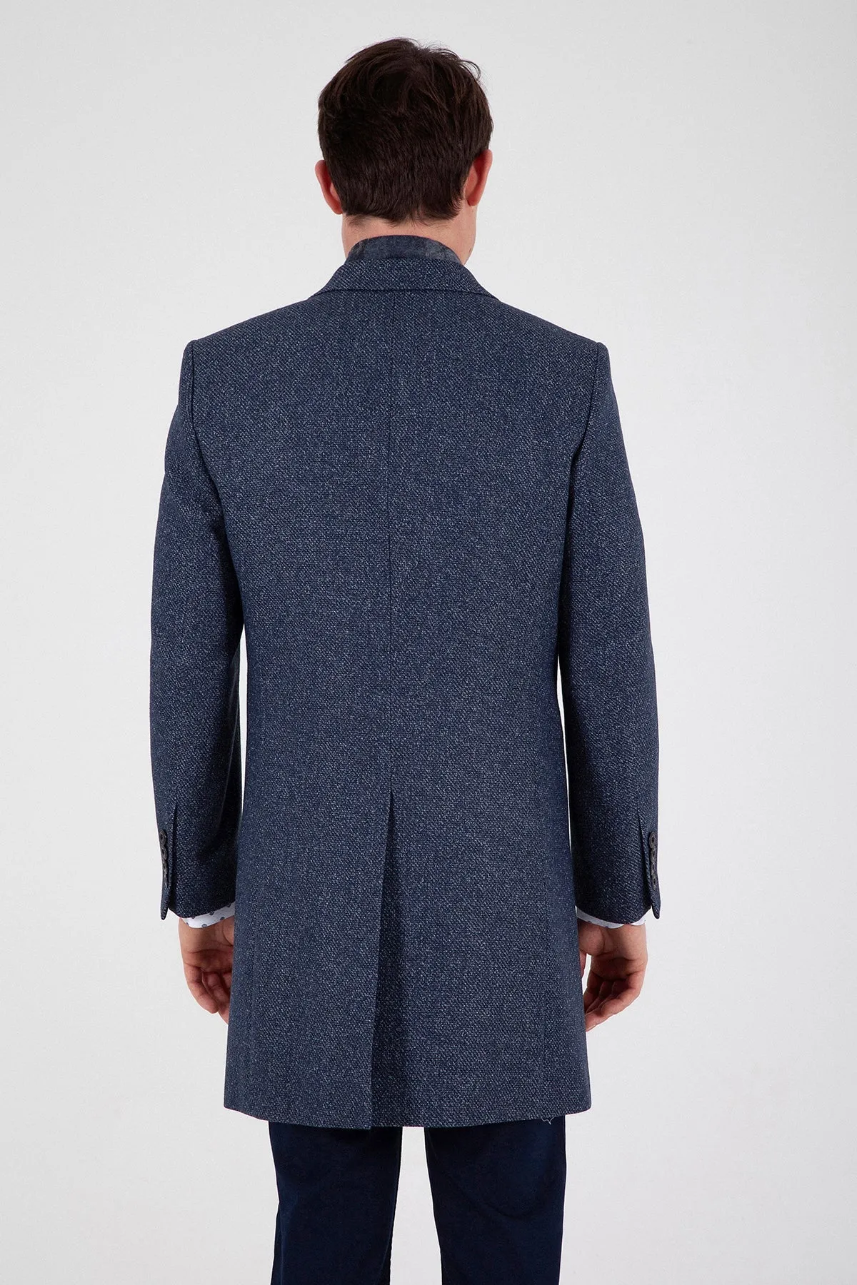 Slim Fit Notch Lapel Rotterdam Wool Navy Overcoat, Dark Navy D.