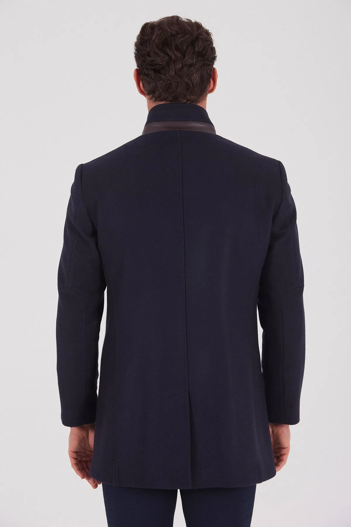 Slim Fit Notch Lapel Wool Navy Overcoat, Light Navy