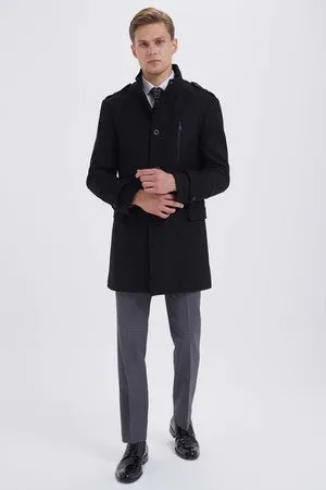 Slim Fit Stand Collar Wool Black Overcoat, Black