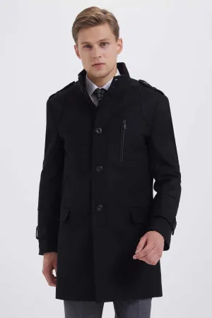 Slim Fit Stand Collar Wool Black Overcoat, Black