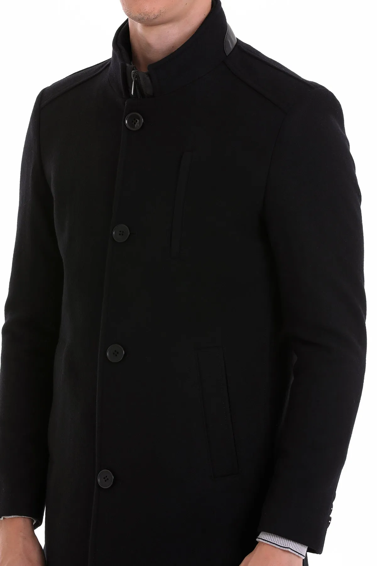 Slim Fit Stand Collar Wool Blend Black Overcoat