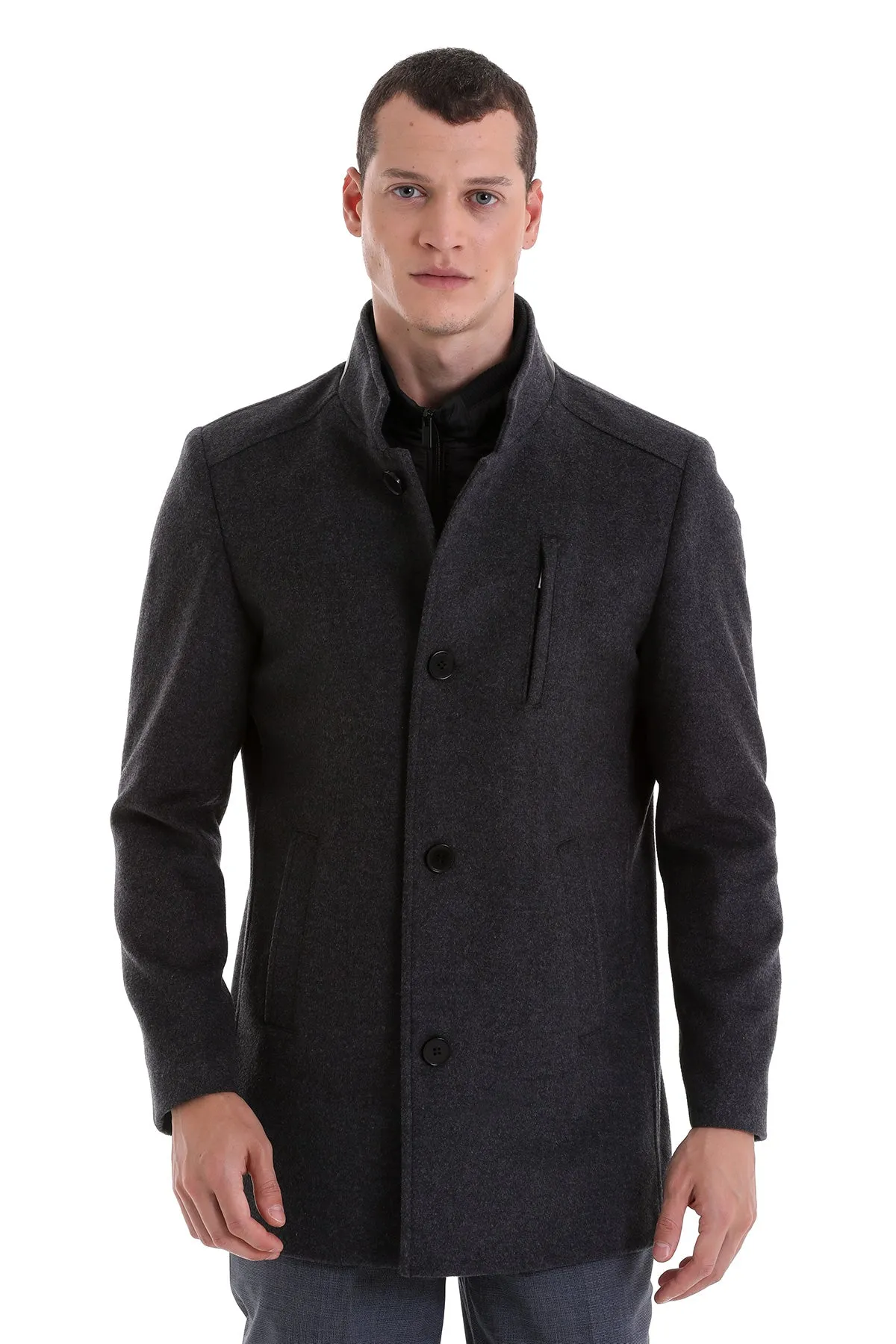 Slim Fit Stand Collar Wool Blend Dark Gray Overcoat