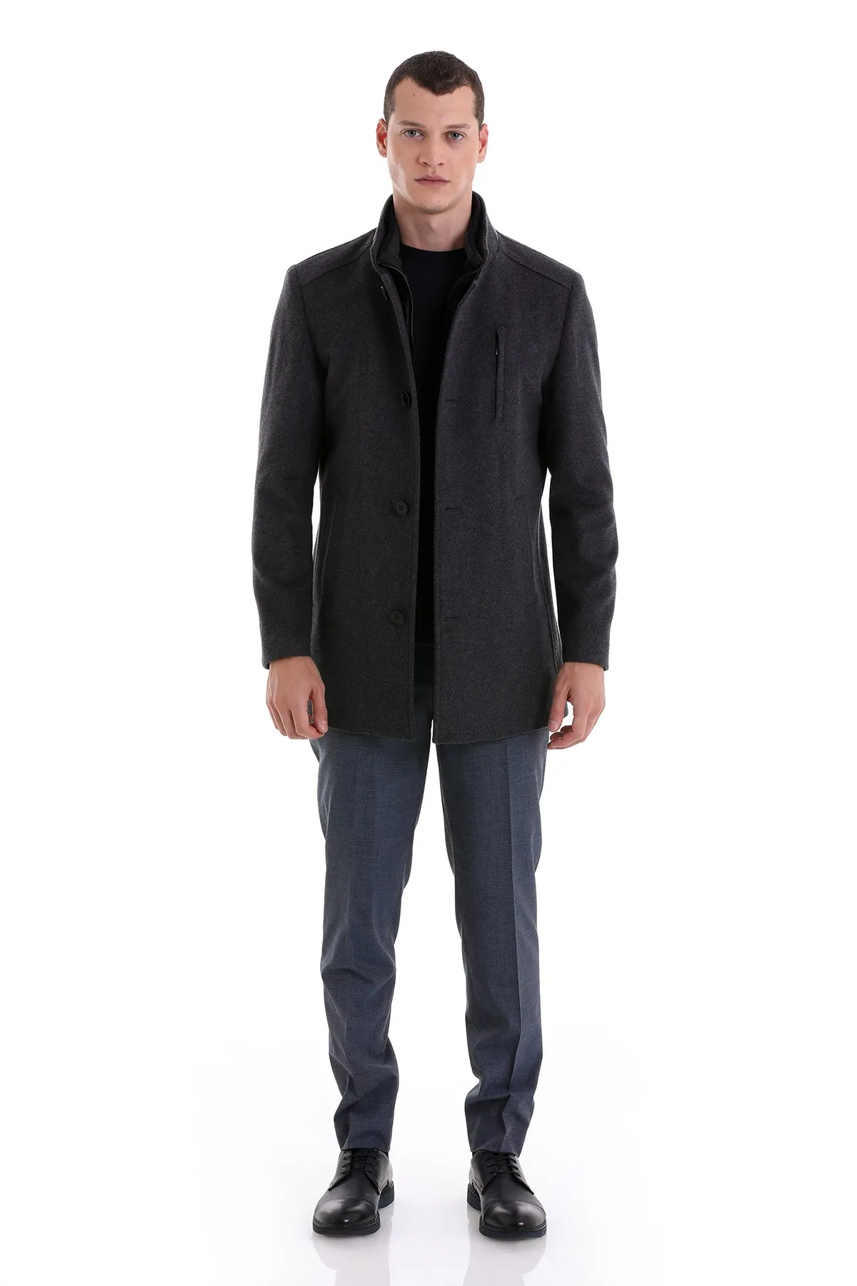 Slim Fit Stand Collar Wool Blend Dark Gray Overcoat