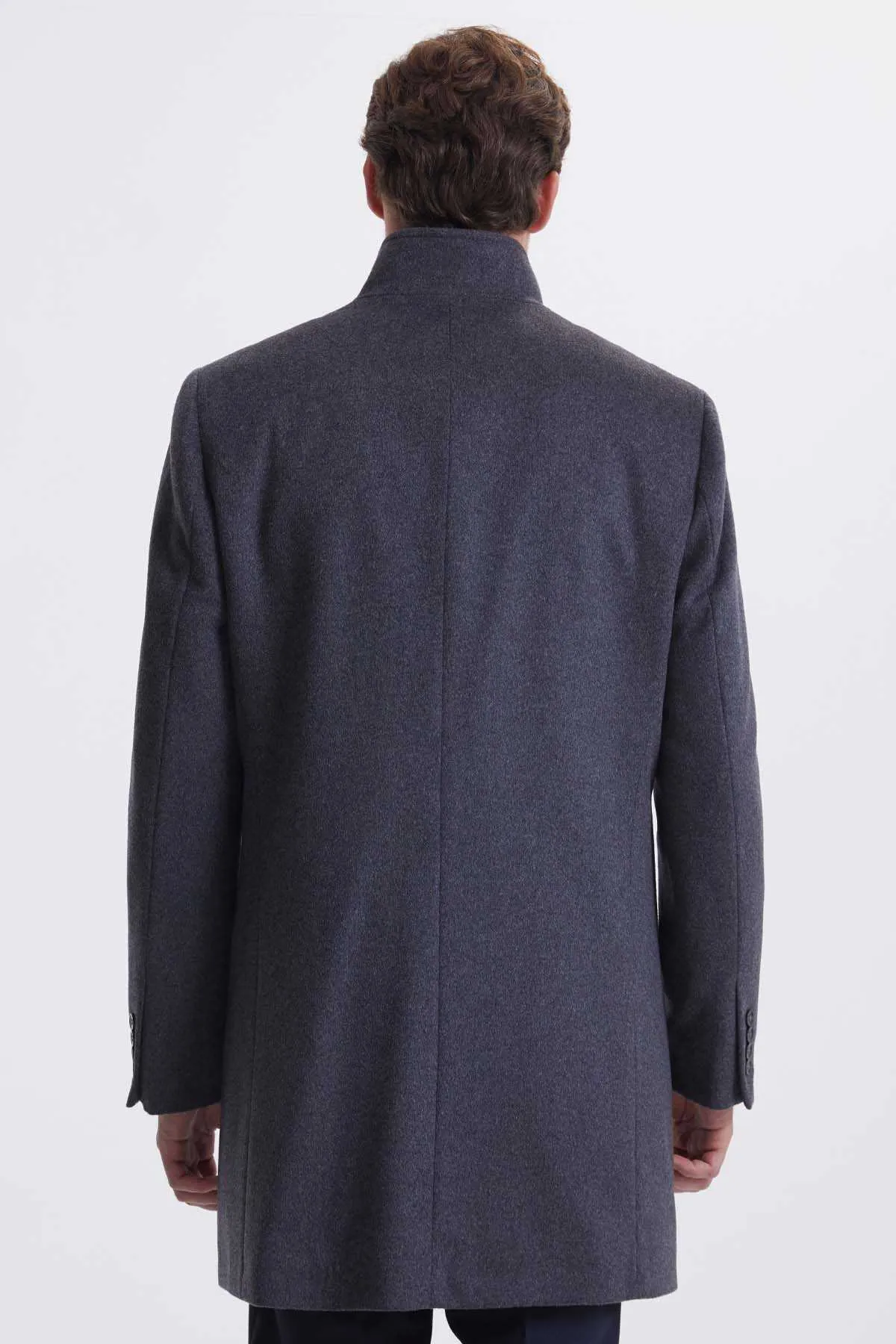 Slim Fit Stand Collar Wool Gray Overcoat, Gray