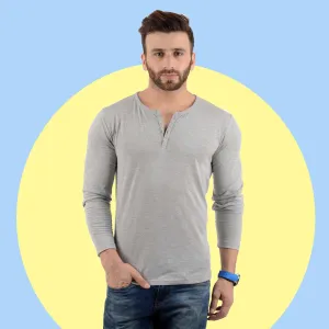 Solid Melange Grey Full Sleeve Henley Neck Plain Cotton Tshirt For Men By LazyChunks