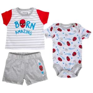 Spider-Man Born Amazing Infant 3-Piece Shirt, Shorts, and Bodysuit Set