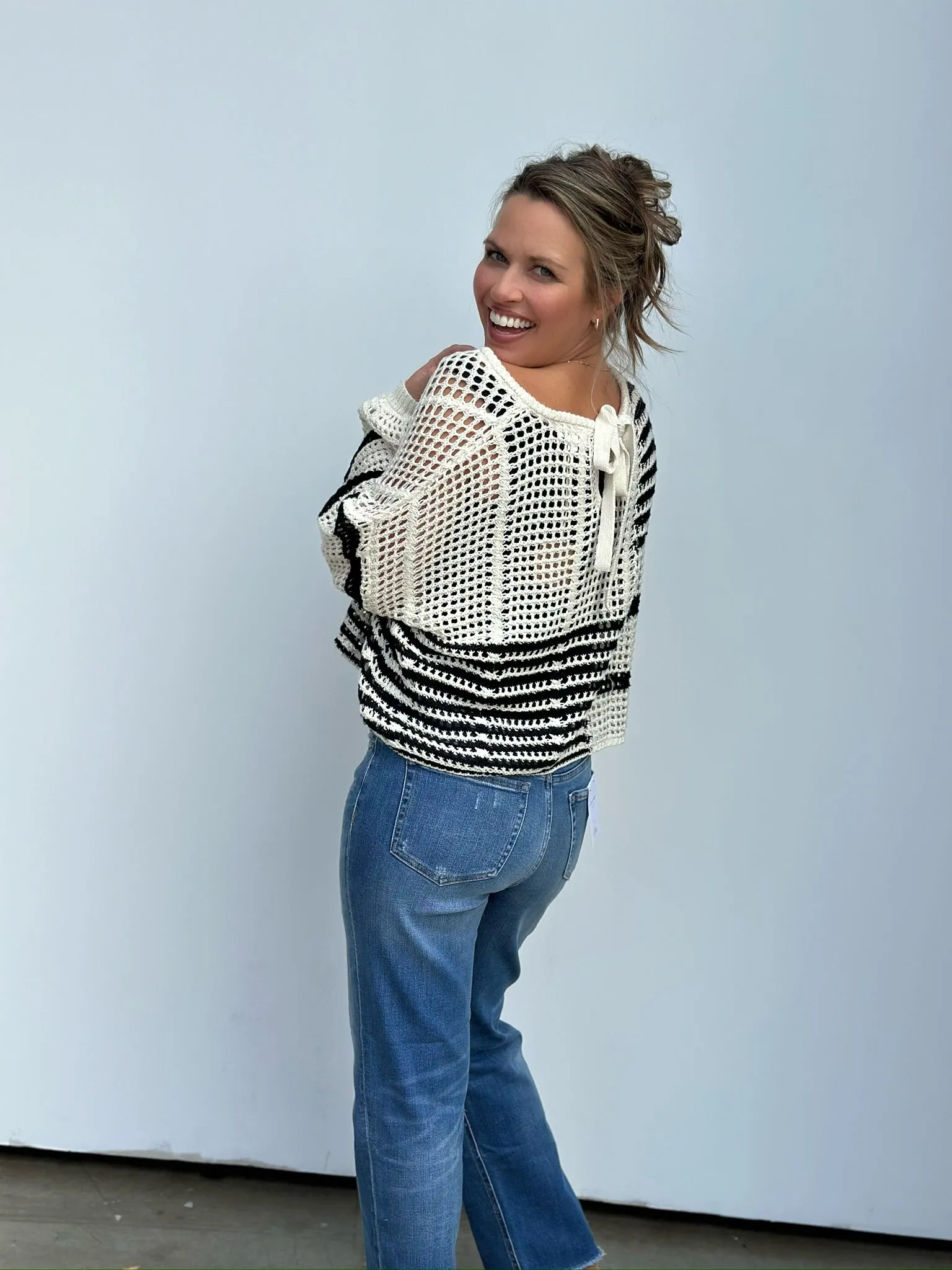 Stripe Crochet Sheer Knit Sweater