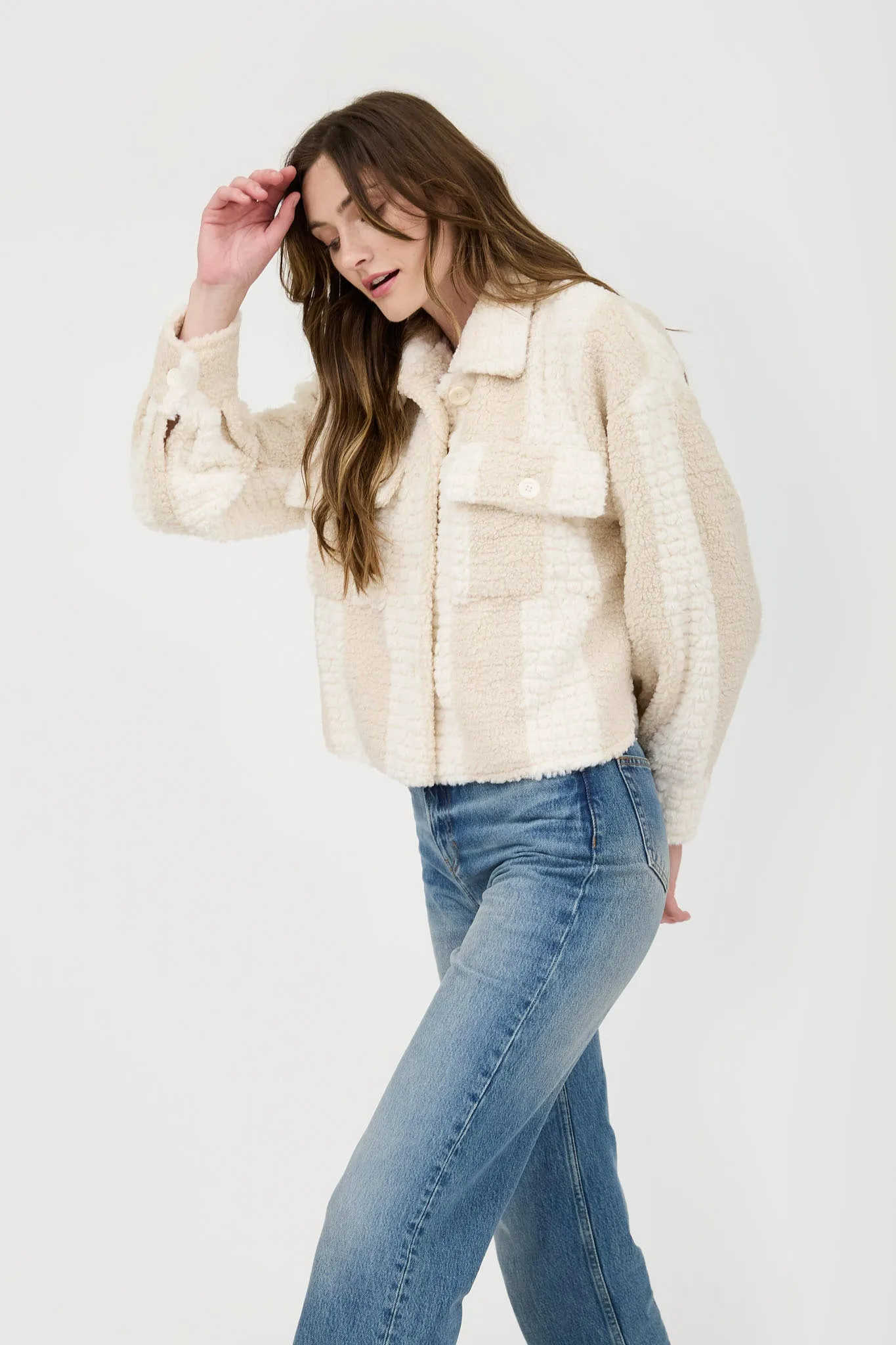 STRIPED TEXTURED FAUX SHEARLING JACKET