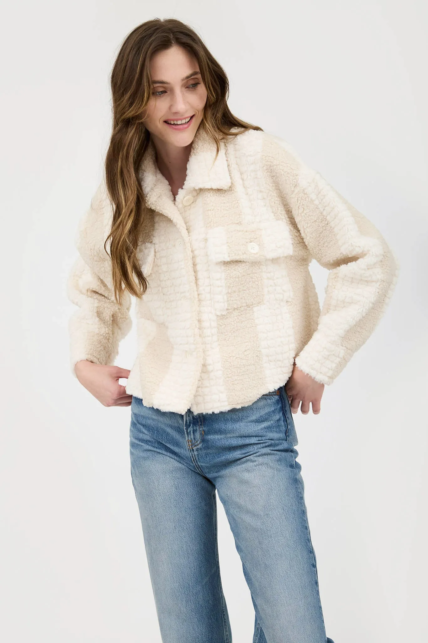 STRIPED TEXTURED FAUX SHEARLING JACKET