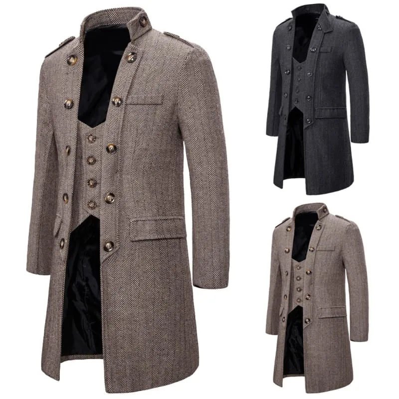 Stylish Mens Mid-length Herringbone Overcoat with Attached Waistcoat