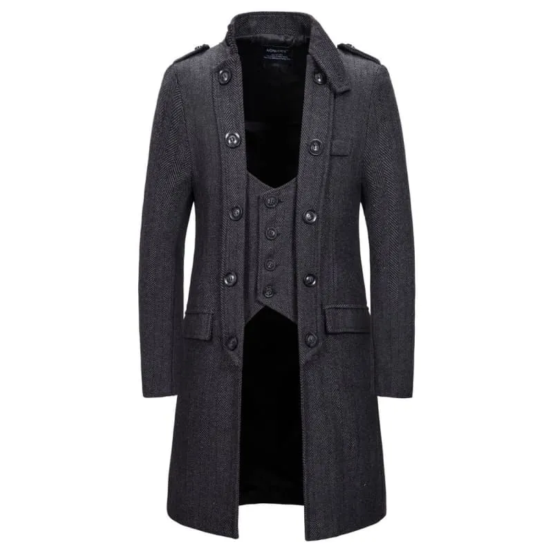 Stylish Mens Mid-length Herringbone Overcoat with Attached Waistcoat