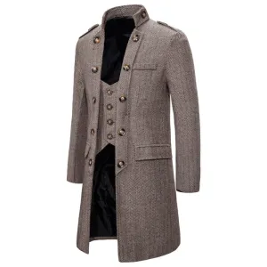 Stylish Mens Mid-length Herringbone Overcoat with Attached Waistcoat