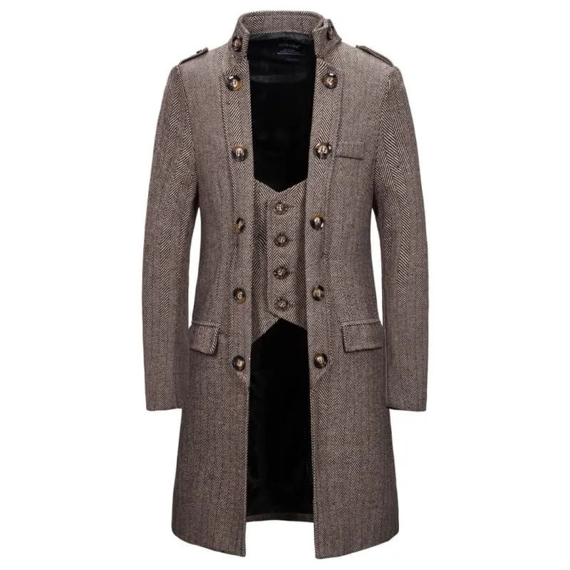 Stylish Mens Mid-length Herringbone Overcoat with Attached Waistcoat